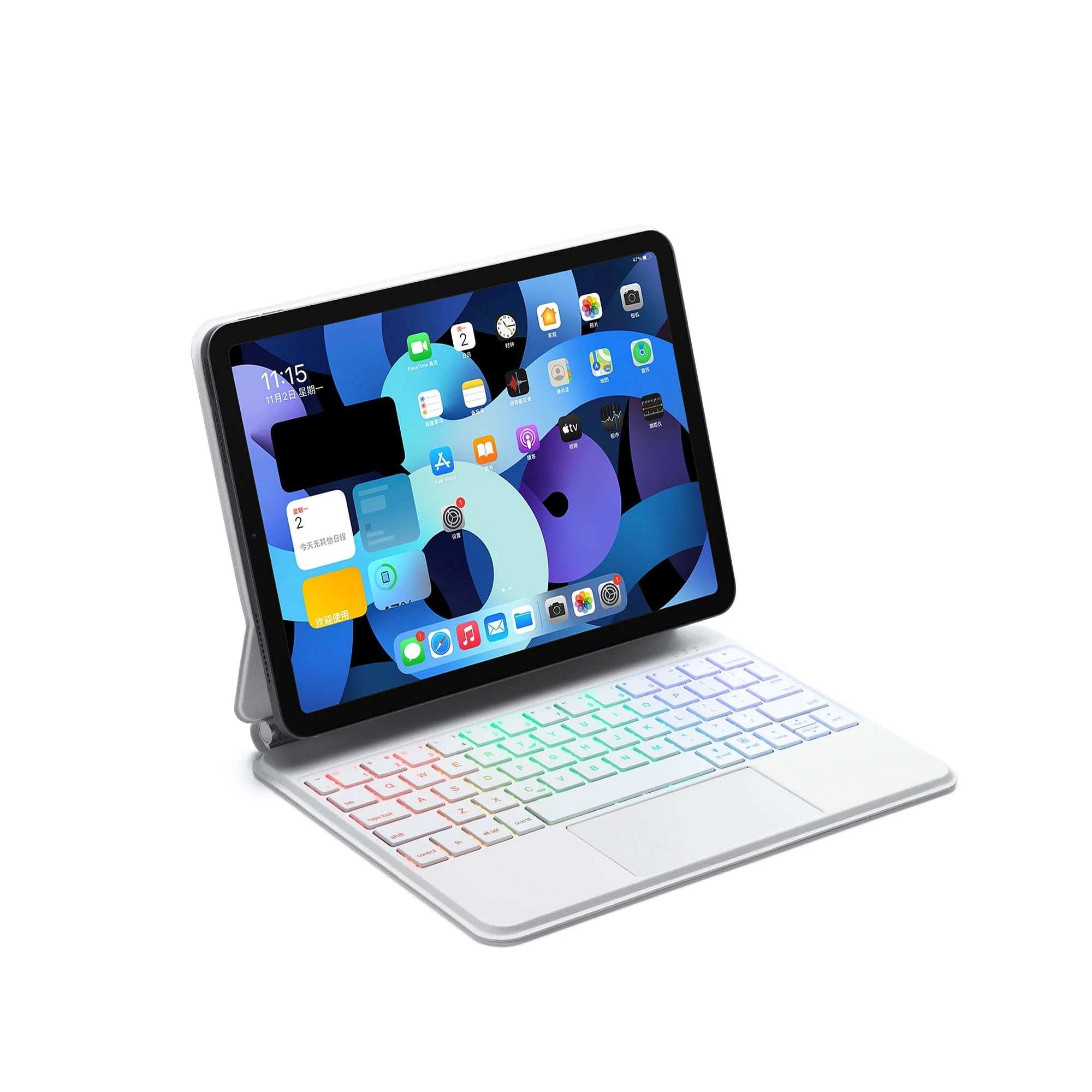 iPad keyboard case with trackpad in white with rainbow backlit keys and floating stand for multi-angle viewing