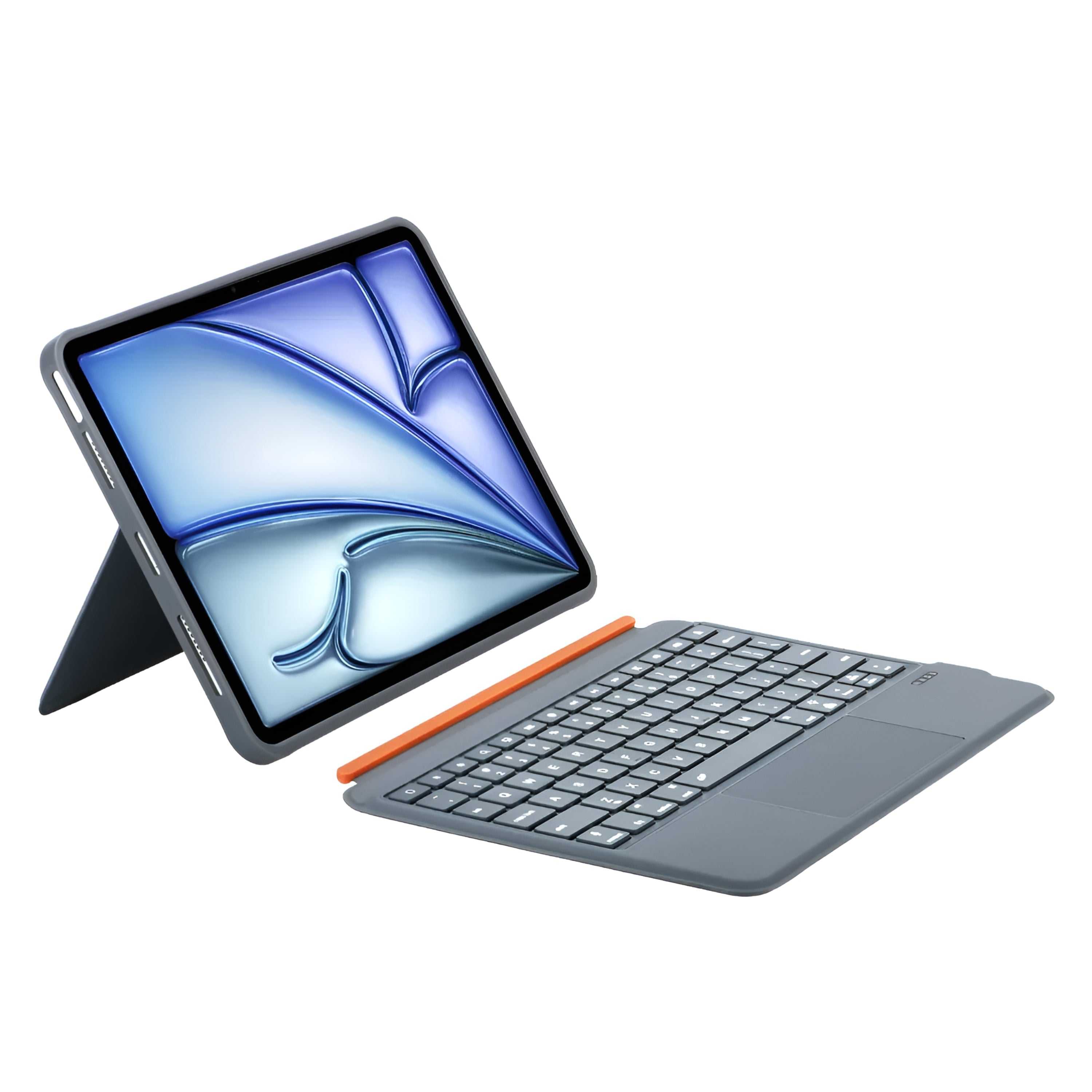 iPad keyboard case with trackpad on desk, detachable magnetic cover attached