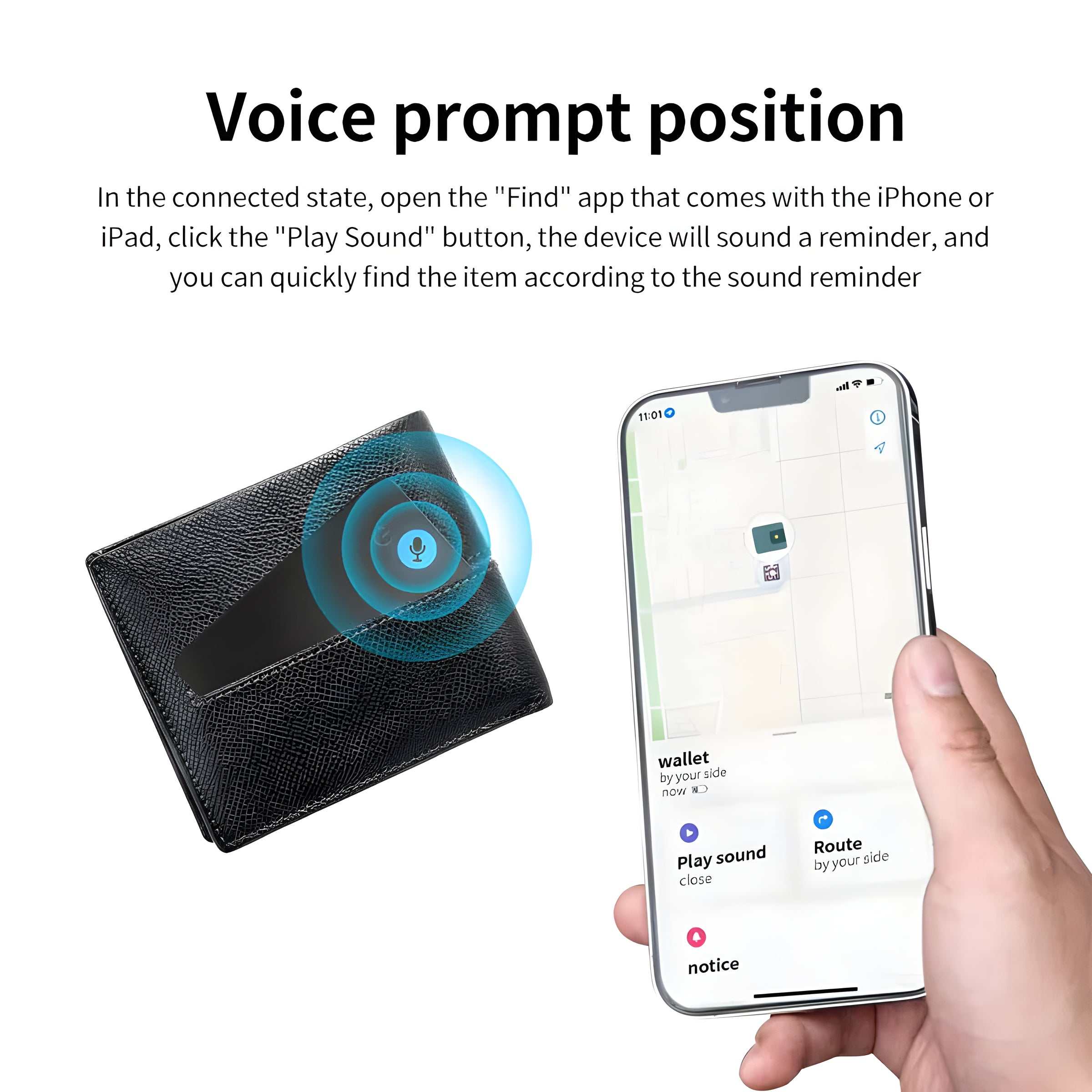wallet tracker card on key tray with phone displaying ring-to-find screen
