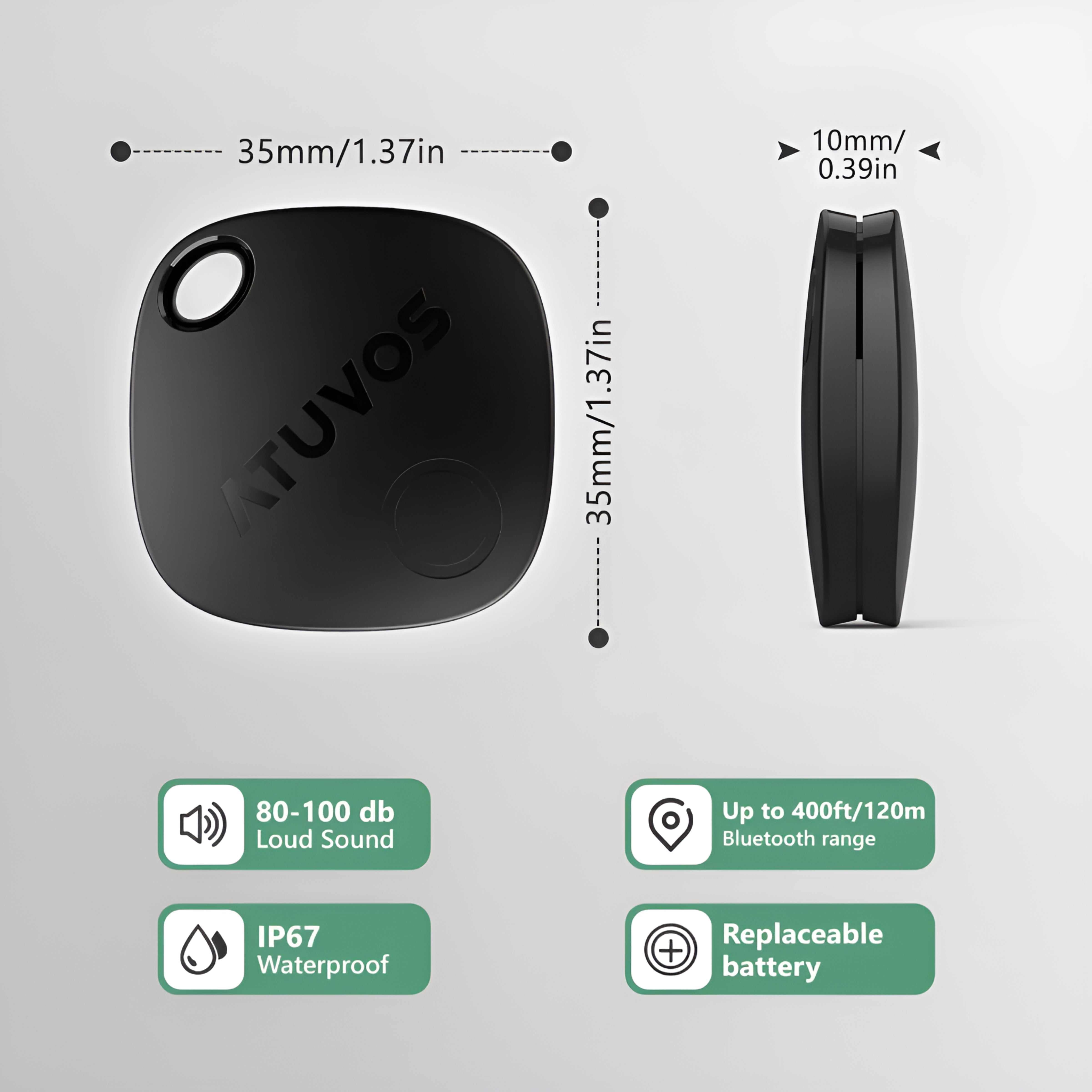 Atuvos Tracker slim Bluetooth tag with IP67 water resistance, loud speaker, replaceable battery, and 400ft Bluetooth range for Apple Find My integration.