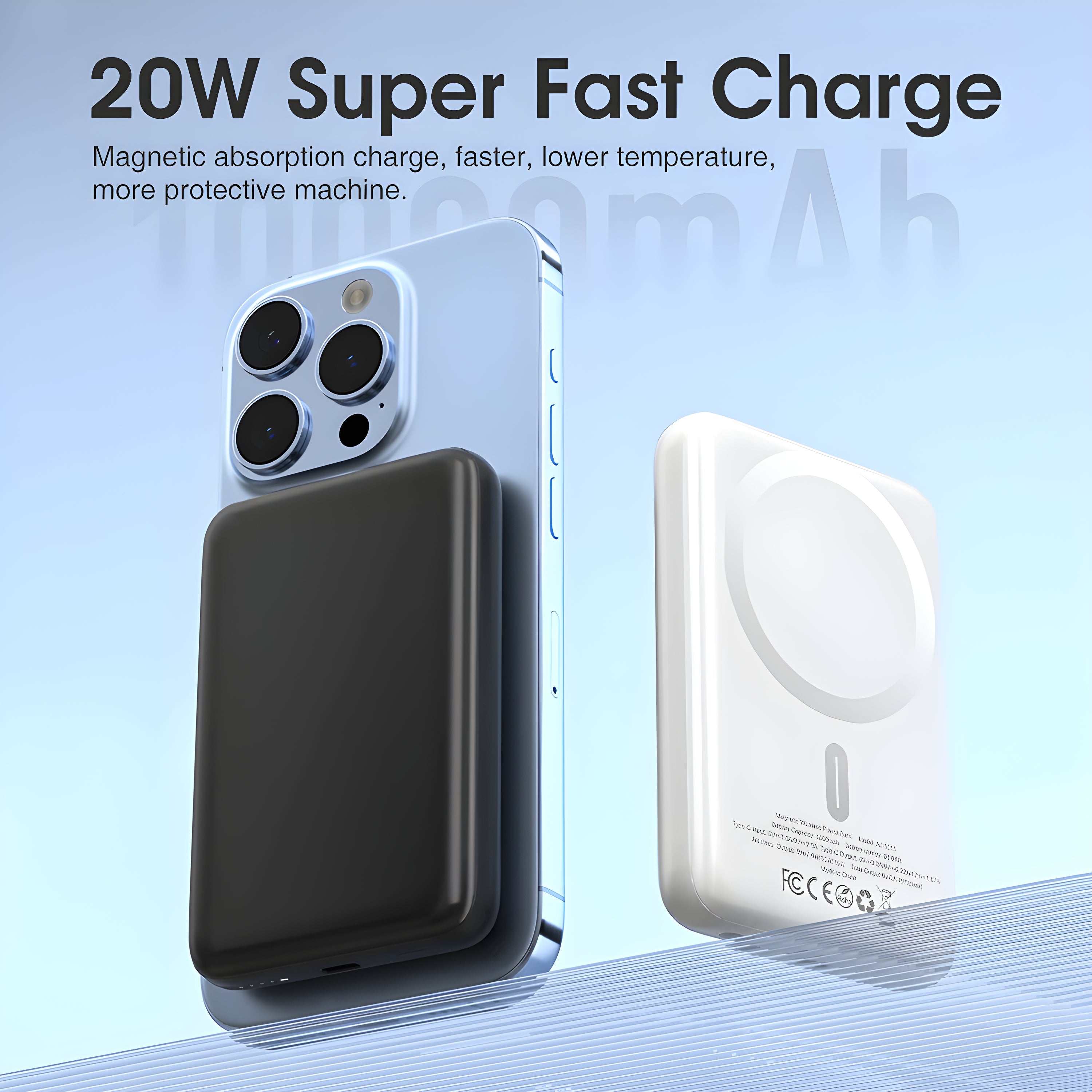 Magnetic power bank 10000mAh with 20W fast charging, magnetic wireless, and USB-C PD for iPhone and Qi devices