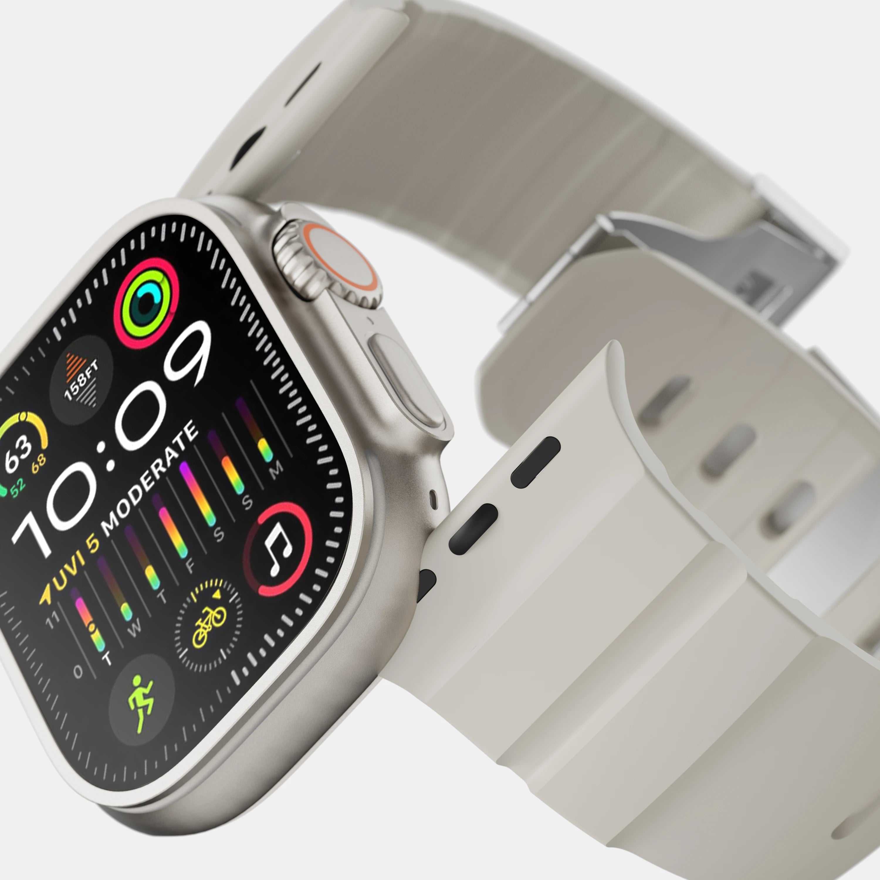 Apple Watch strap attached to watch — side profile of magnetic clasp