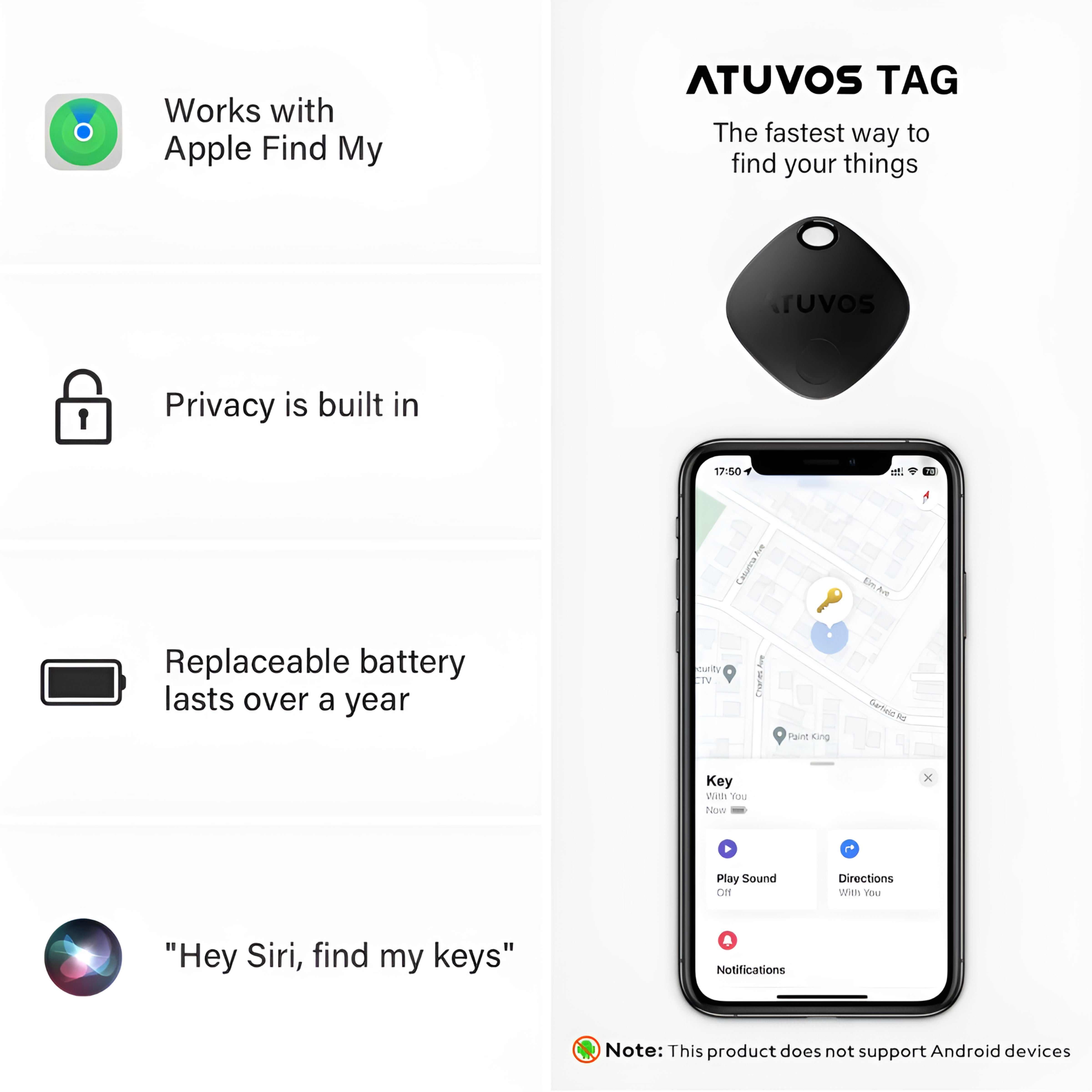 Atuvos Tracker Bluetooth tag compatible with Apple Find My, water-resistant, replaceable battery, and Siri integration