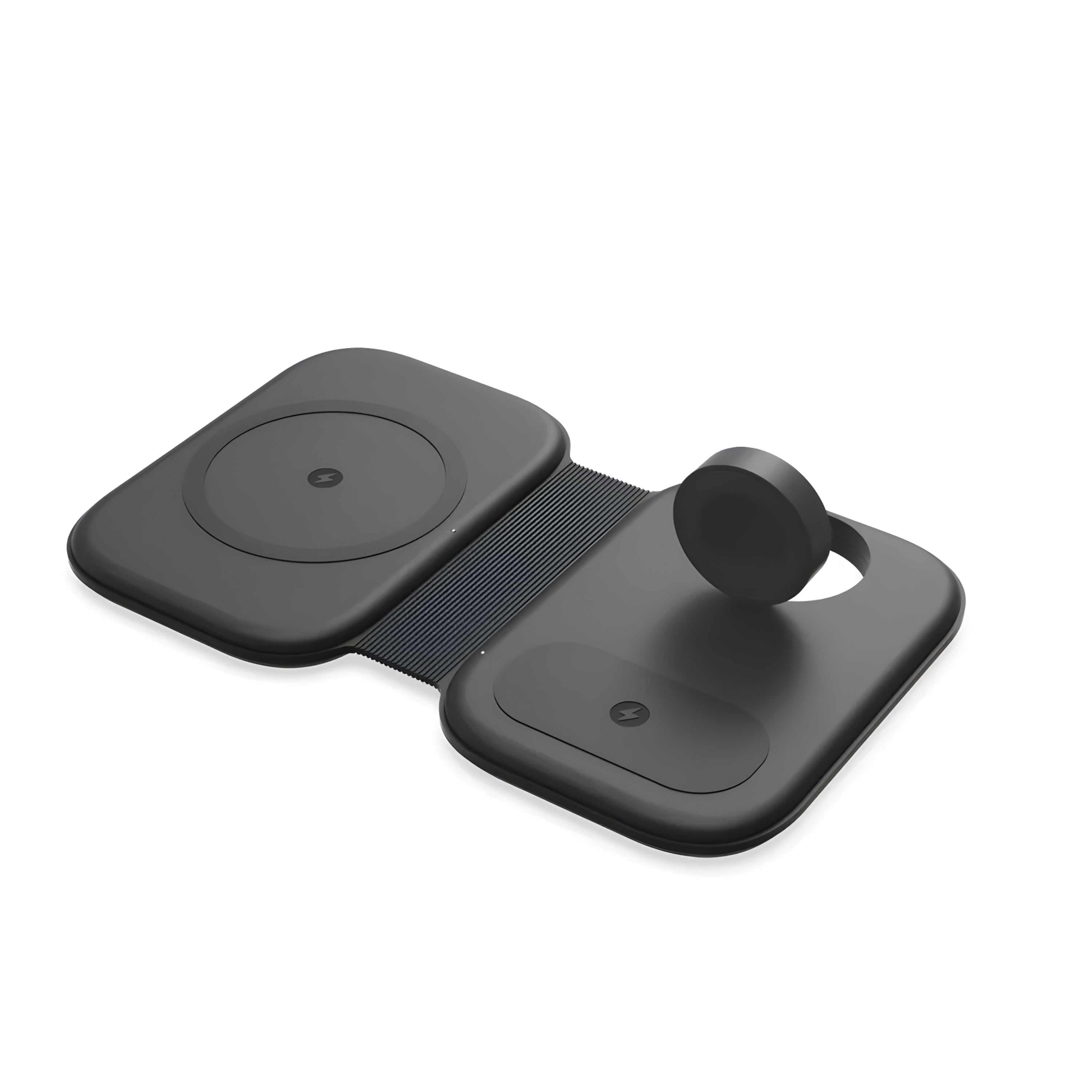 Black wireless charging pad and phone stand on a white background