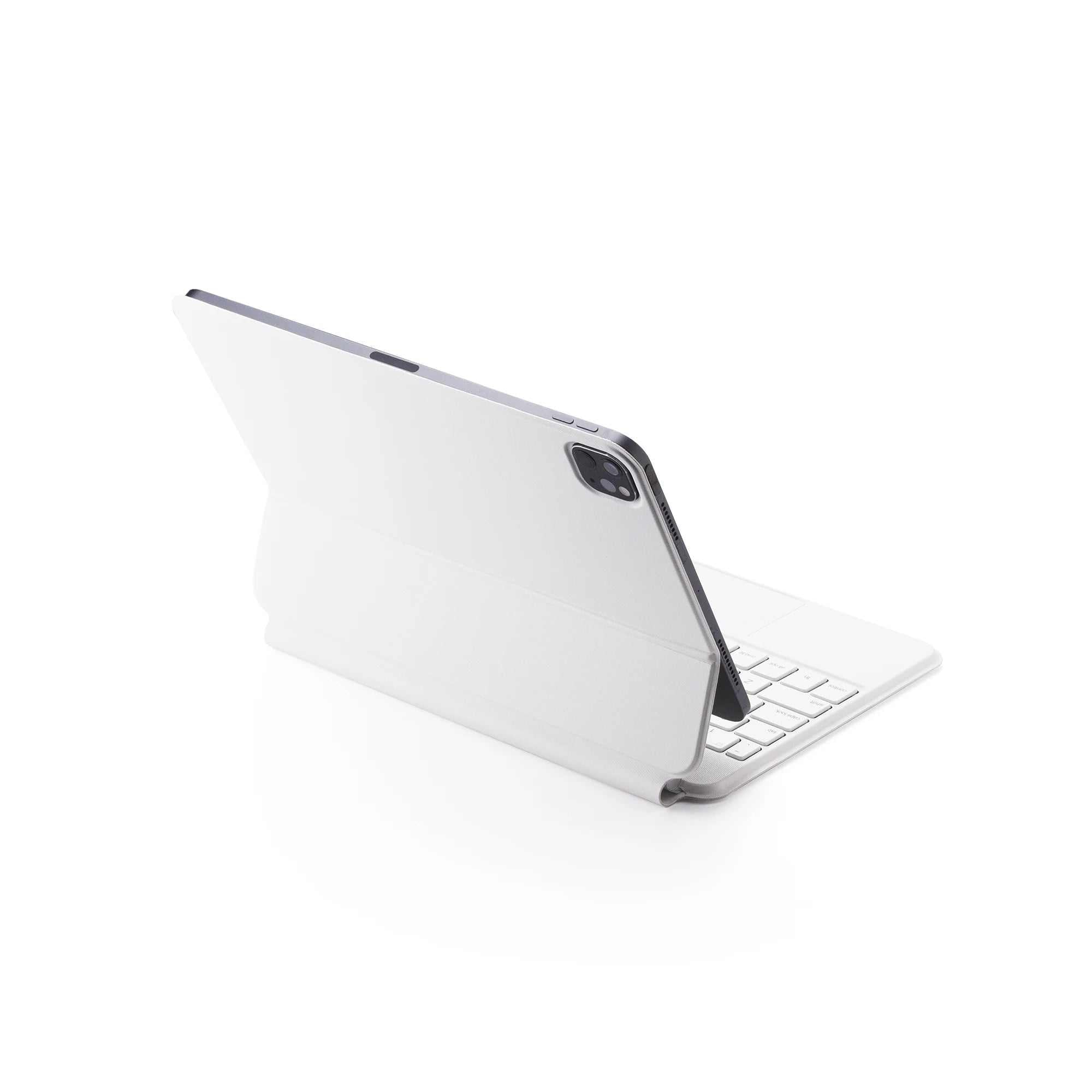 White iPad keyboard case with trackpad and magnetic snap attach, showing multi-angle floating stand and slim folio protection.