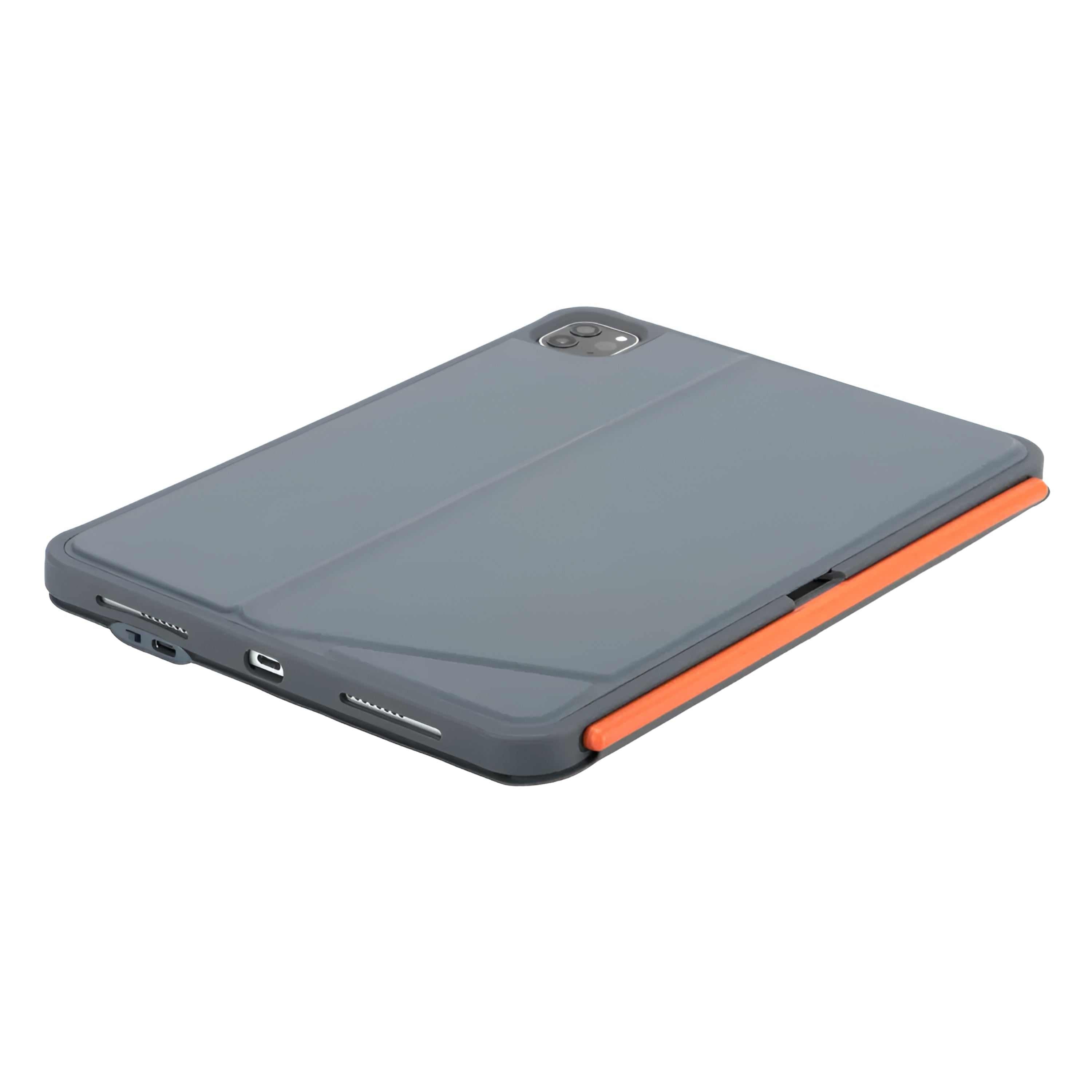 iPad keyboard case side profile showing slim PU finish and USB-C charging port