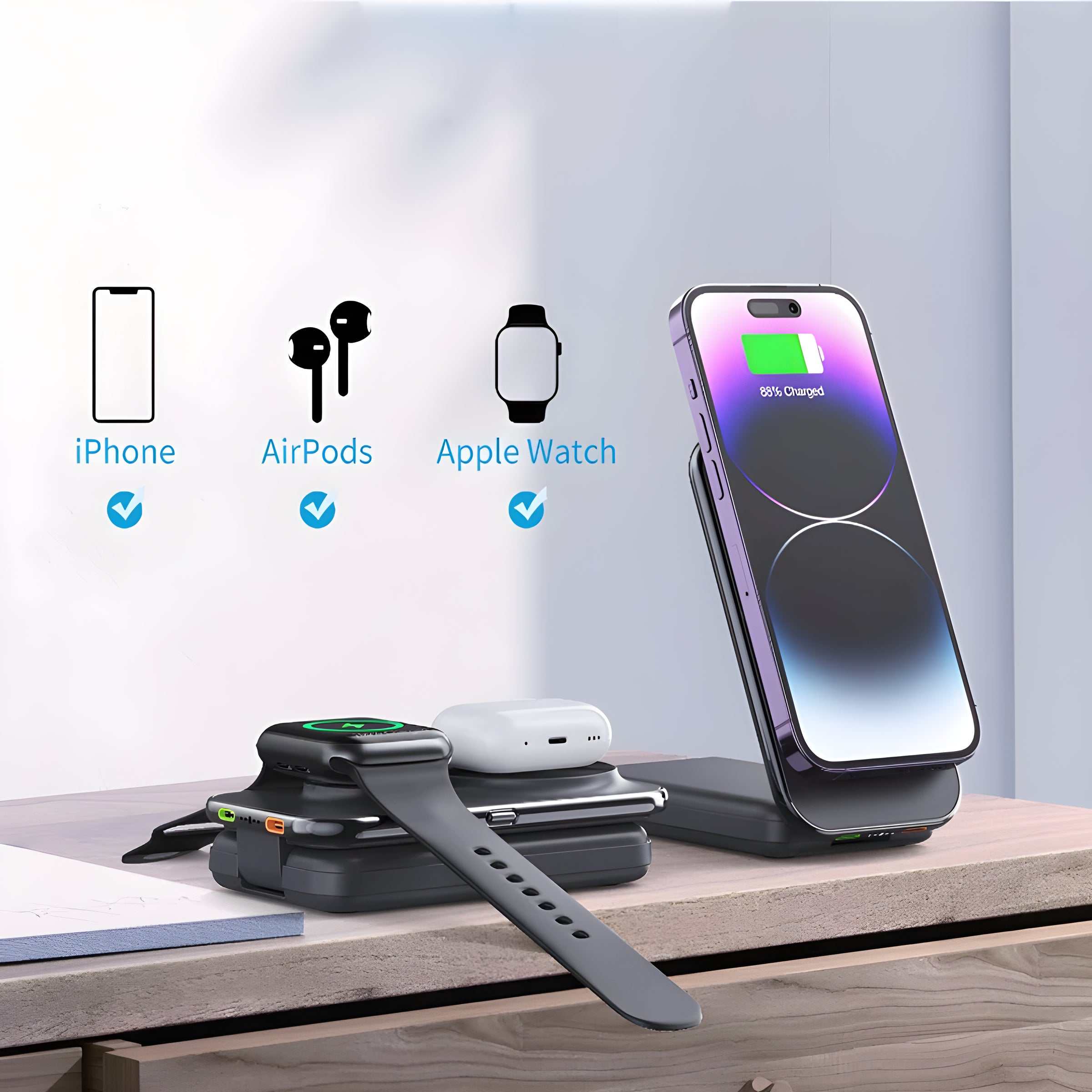 Novoa Vision Fold MagSafe charging station powering iPhone, AirPods, and Apple Watch with sleek tri-fold design