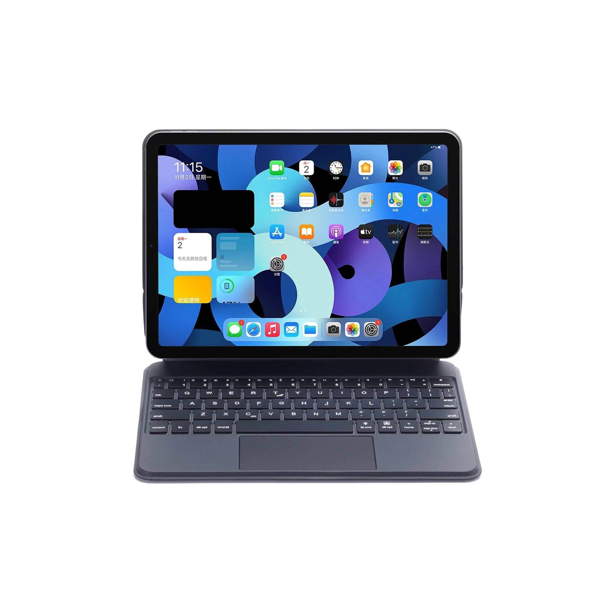 iPad keyboard case with trackpad showing multi-angle floating stand and wireless Bluetooth connection