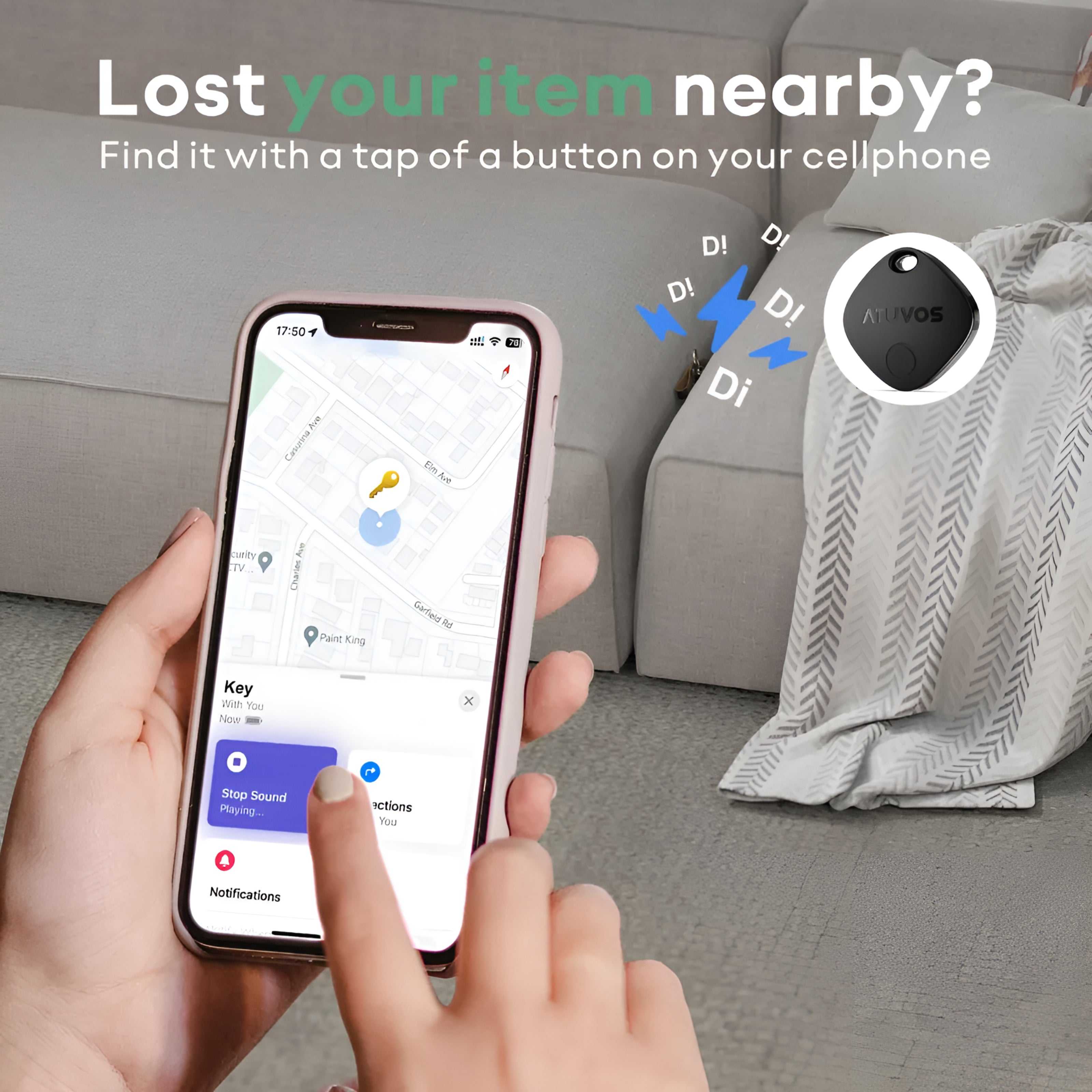 Person using smartphone to locate Atuvos Tracker with Find My app near a couch