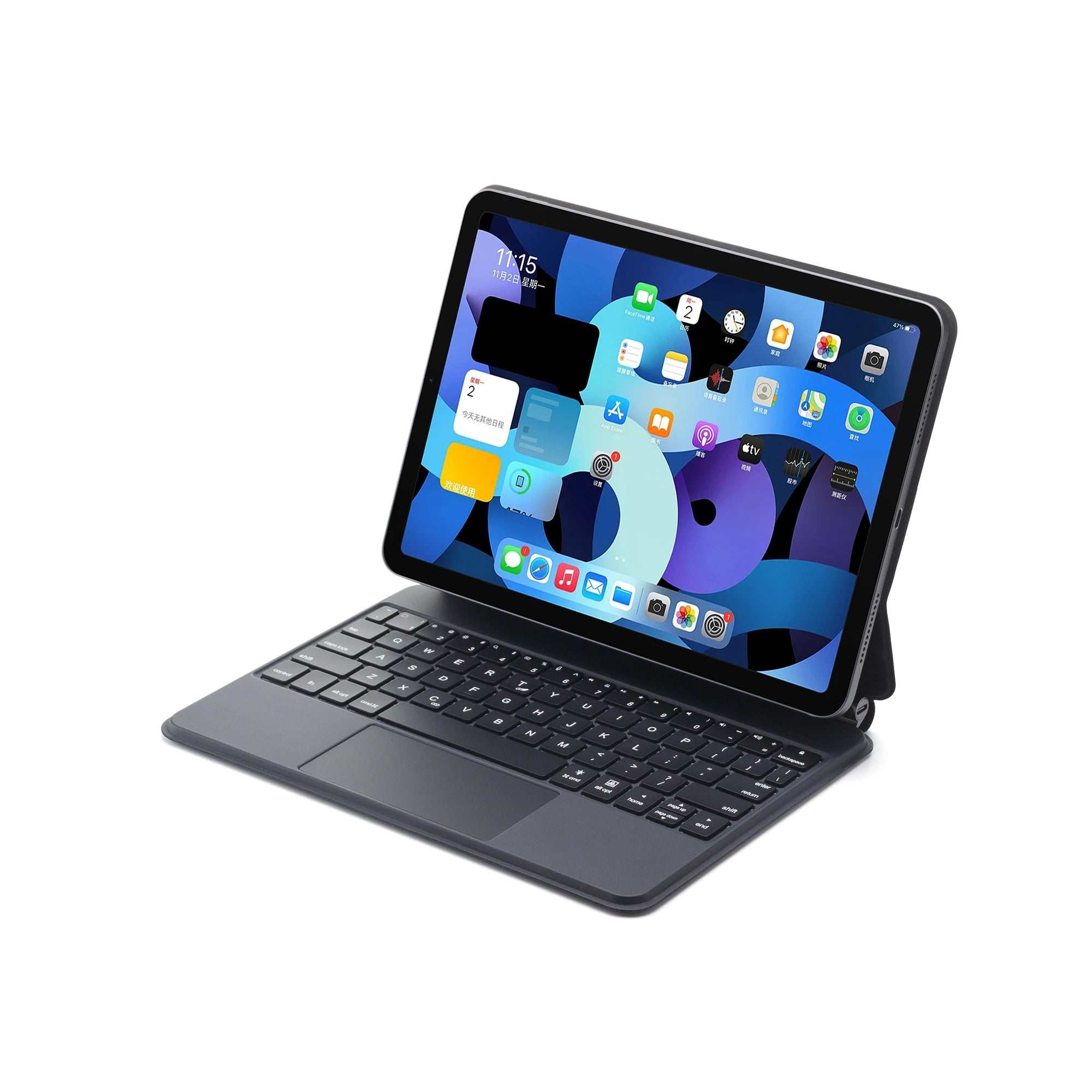 iPad keyboard case with trackpad in a floating stand folio design