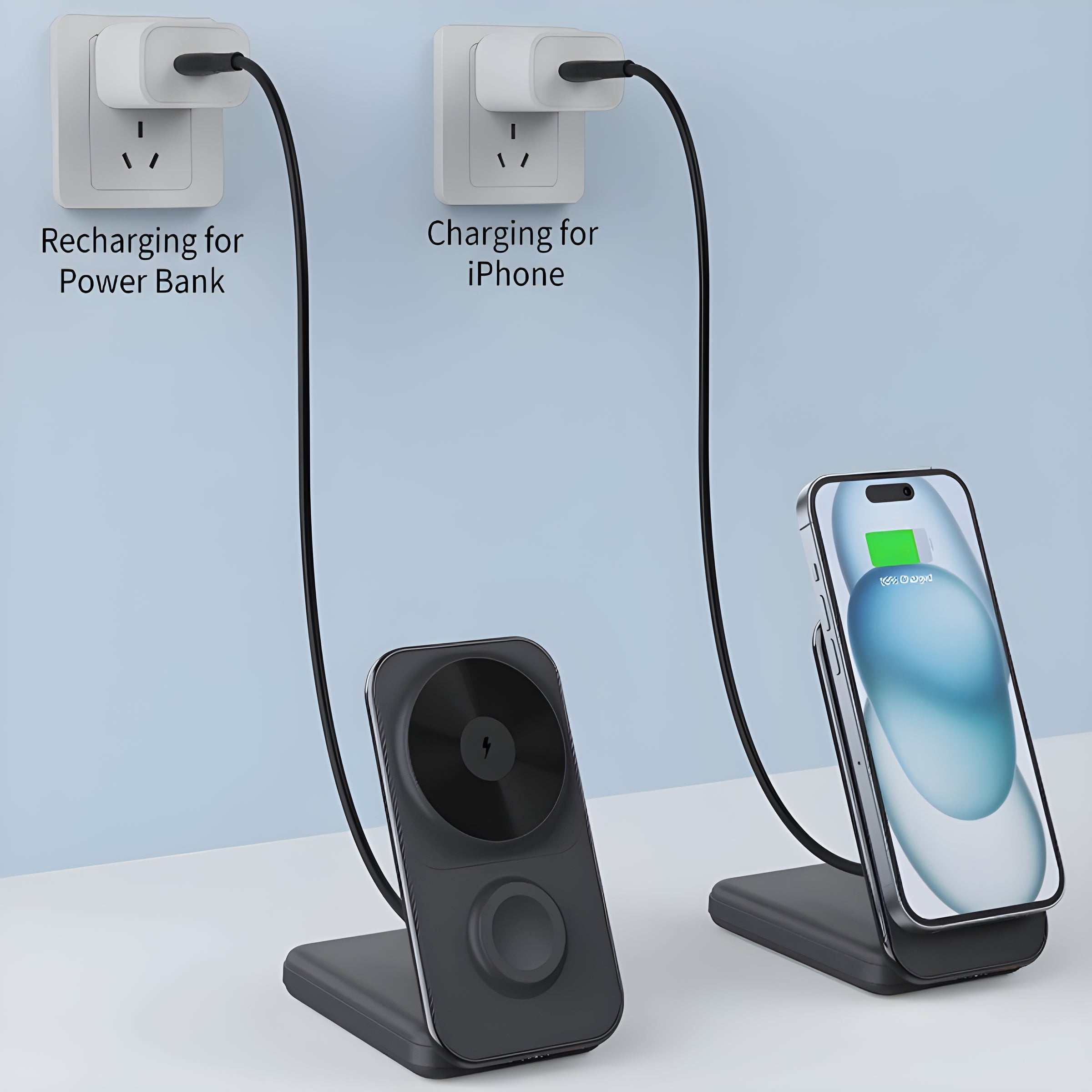 Compact black MagSafe charging station with phone, power bank connections, and wireless charging dock