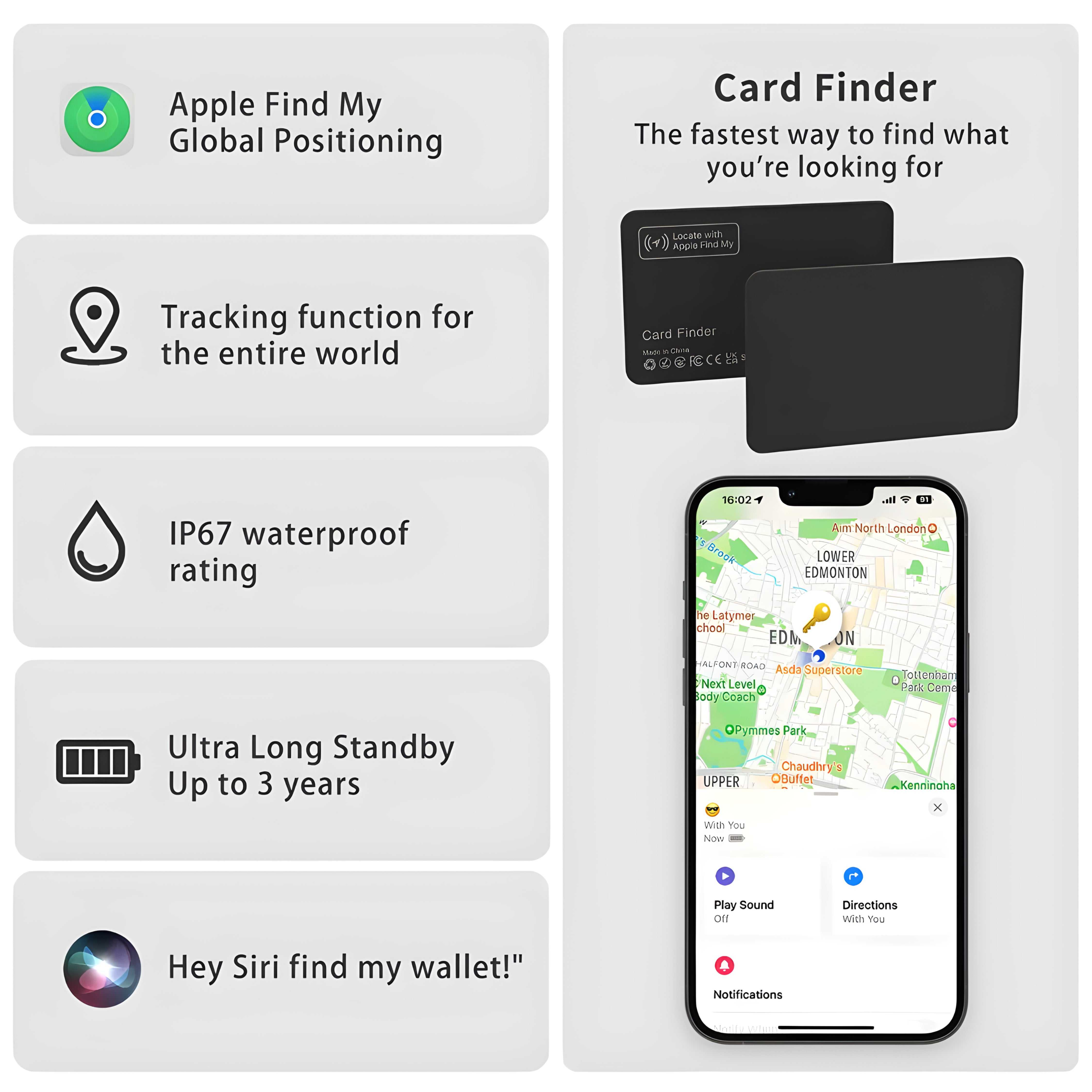 wallet tracker card angled to show thickwallet tracker card on a map screen showing last-seen location in the appness and rounded edges