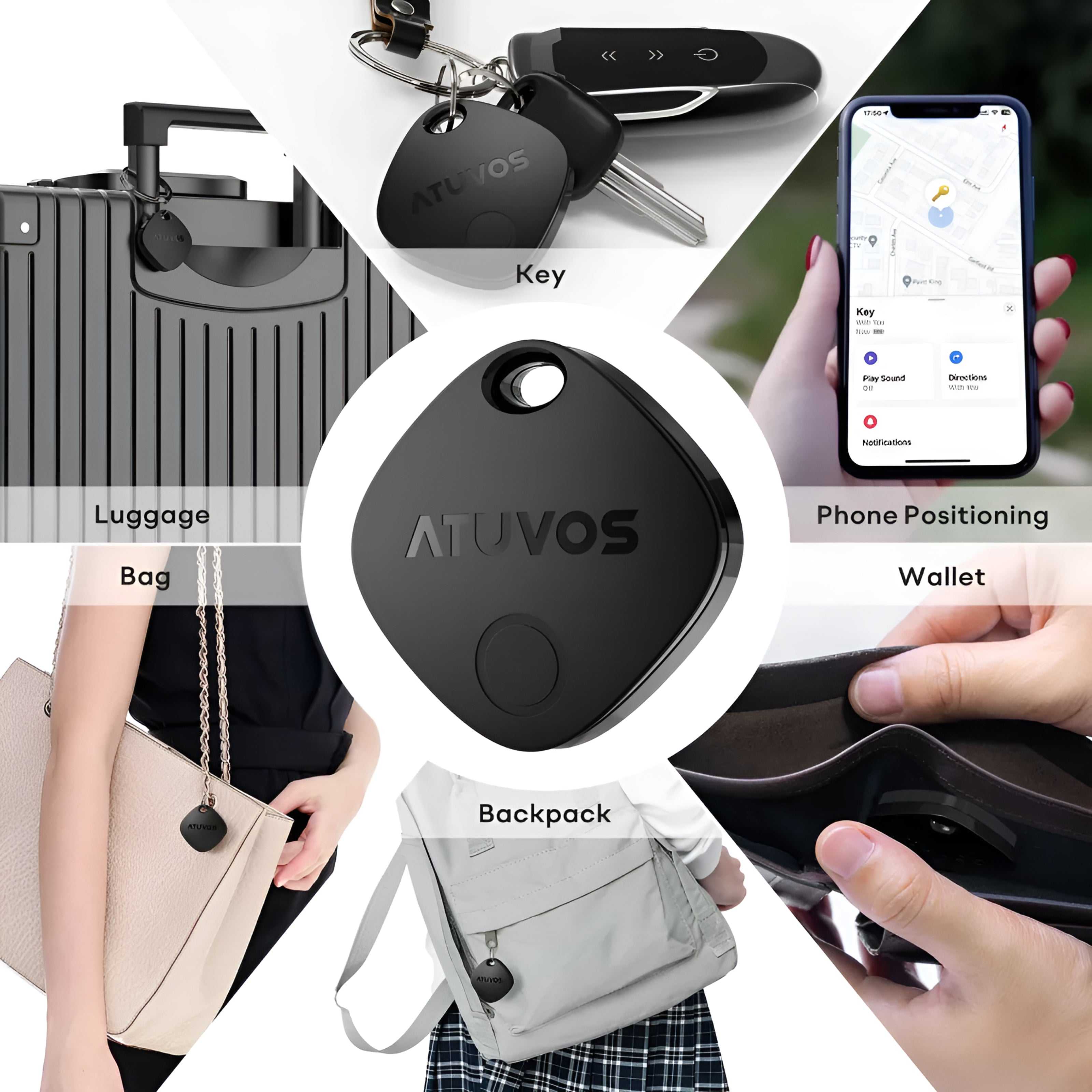 Atuvos Tracker Bluetooth tag attached to keys, bags, luggage, backpack, and wallet with phone app showing location tracking.