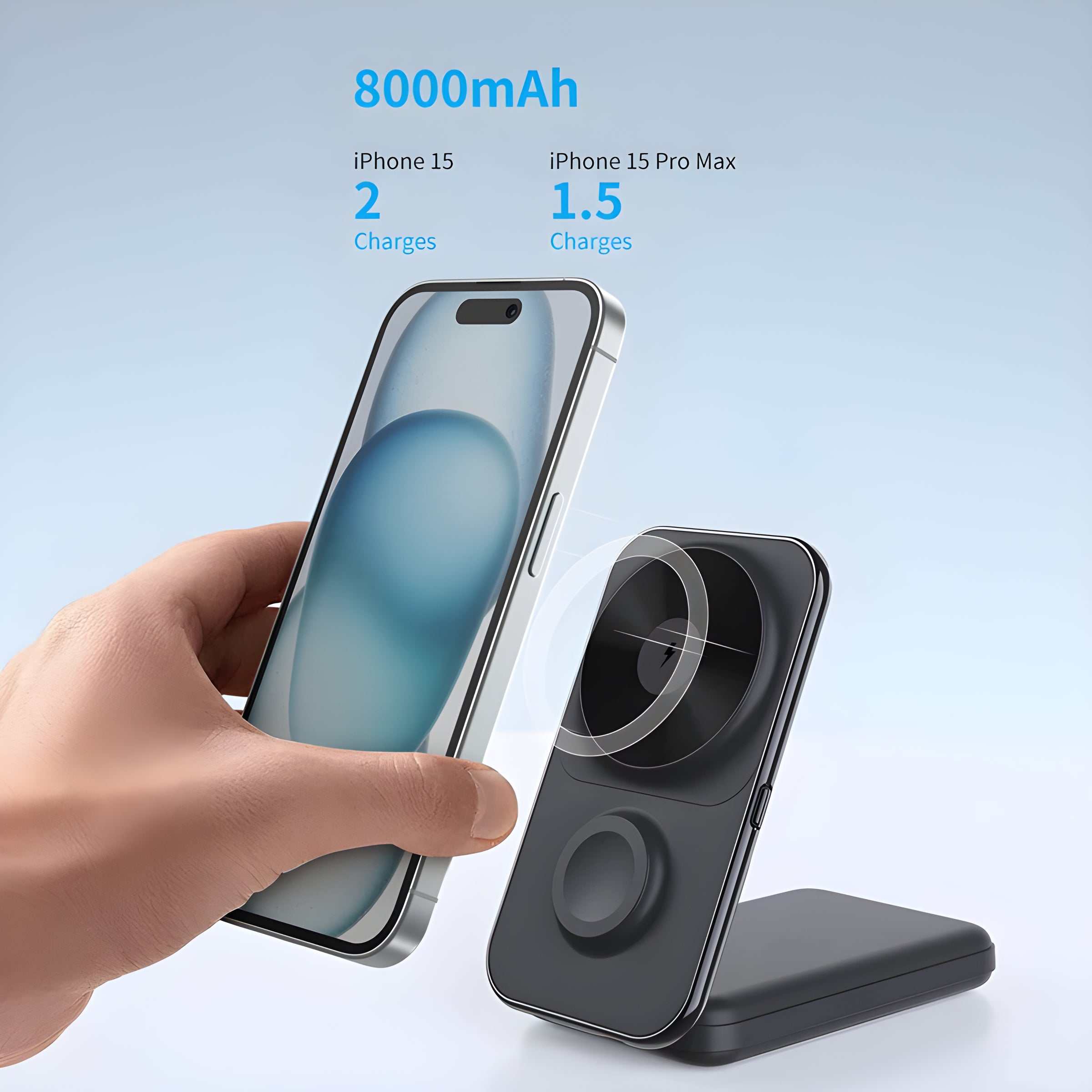 Compact MagSafe charging station with magnetic alignment and tri-fold design for iPhone, AirPods, and Apple Watch charging