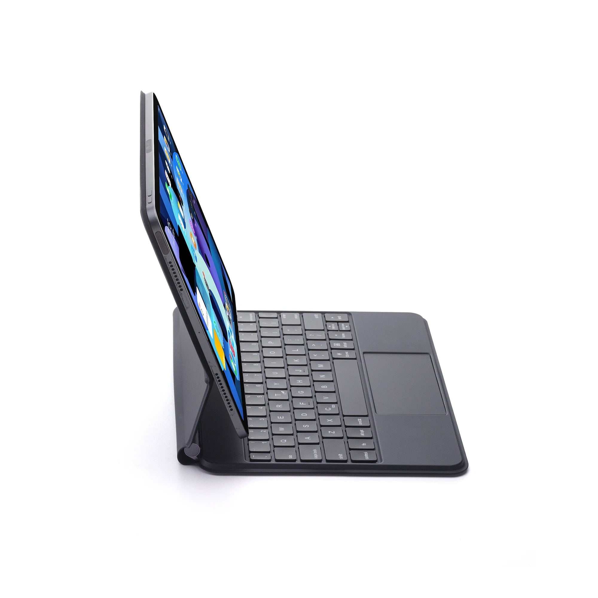 Slim black iPad keyboard case with integrated trackpad and floating stand on white background