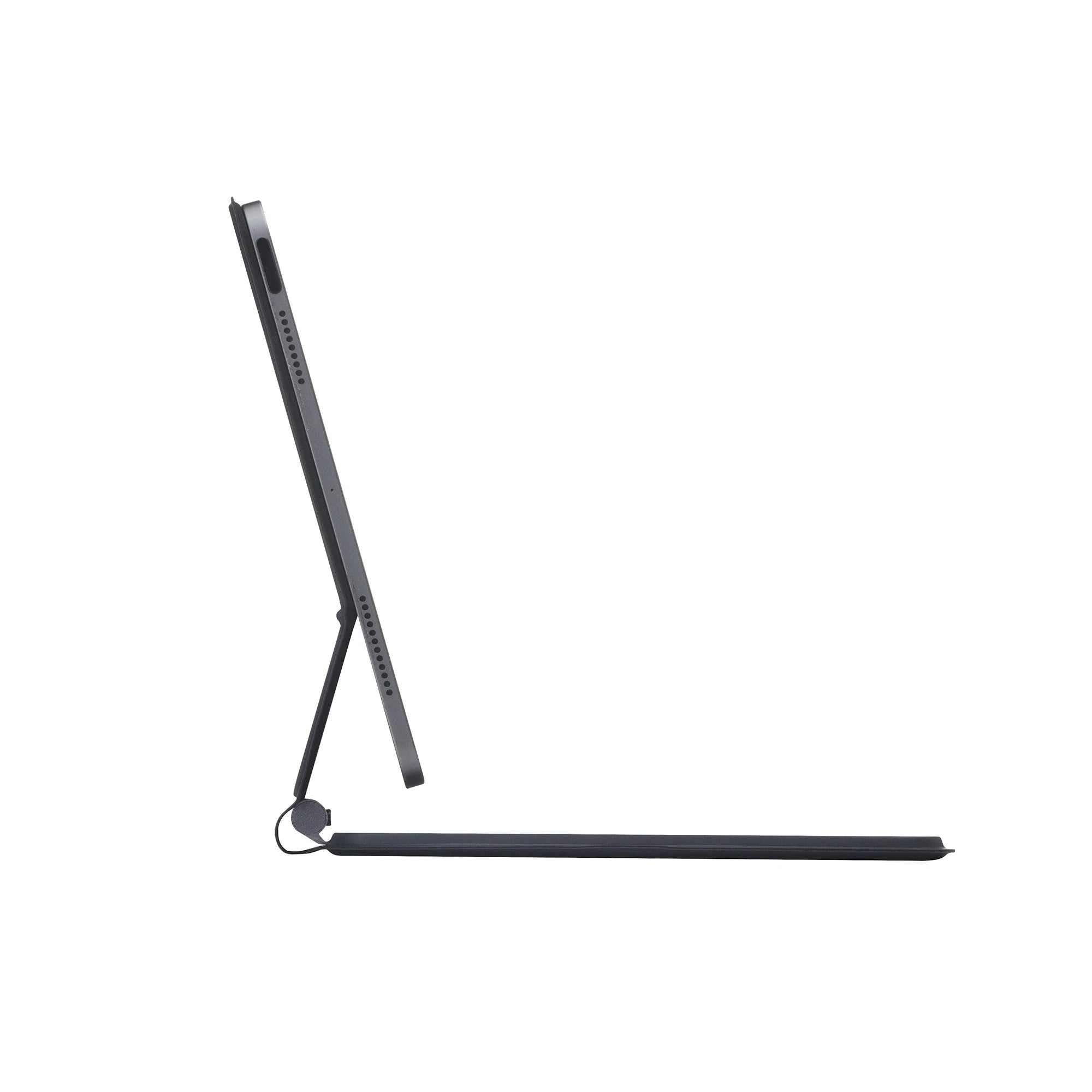 Slim black iPad keyboard case with built-in trackpad and adjustable floating stand, shown from side angle.