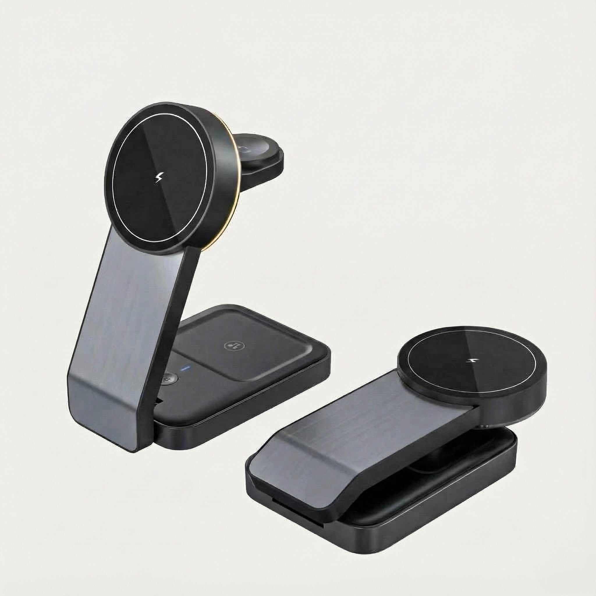 Two black wireless charging stands on a light gray background