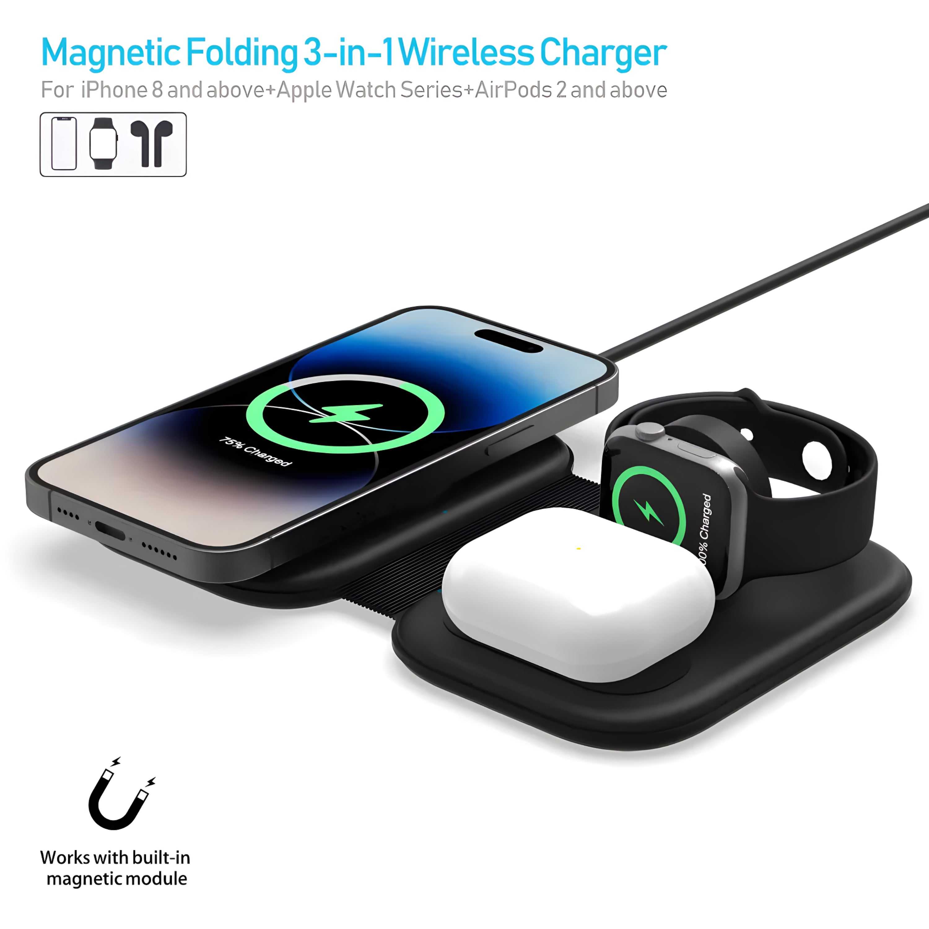 Magnetic folding 3-in-1 wireless charger with phone, watch, and airpods on a white background
