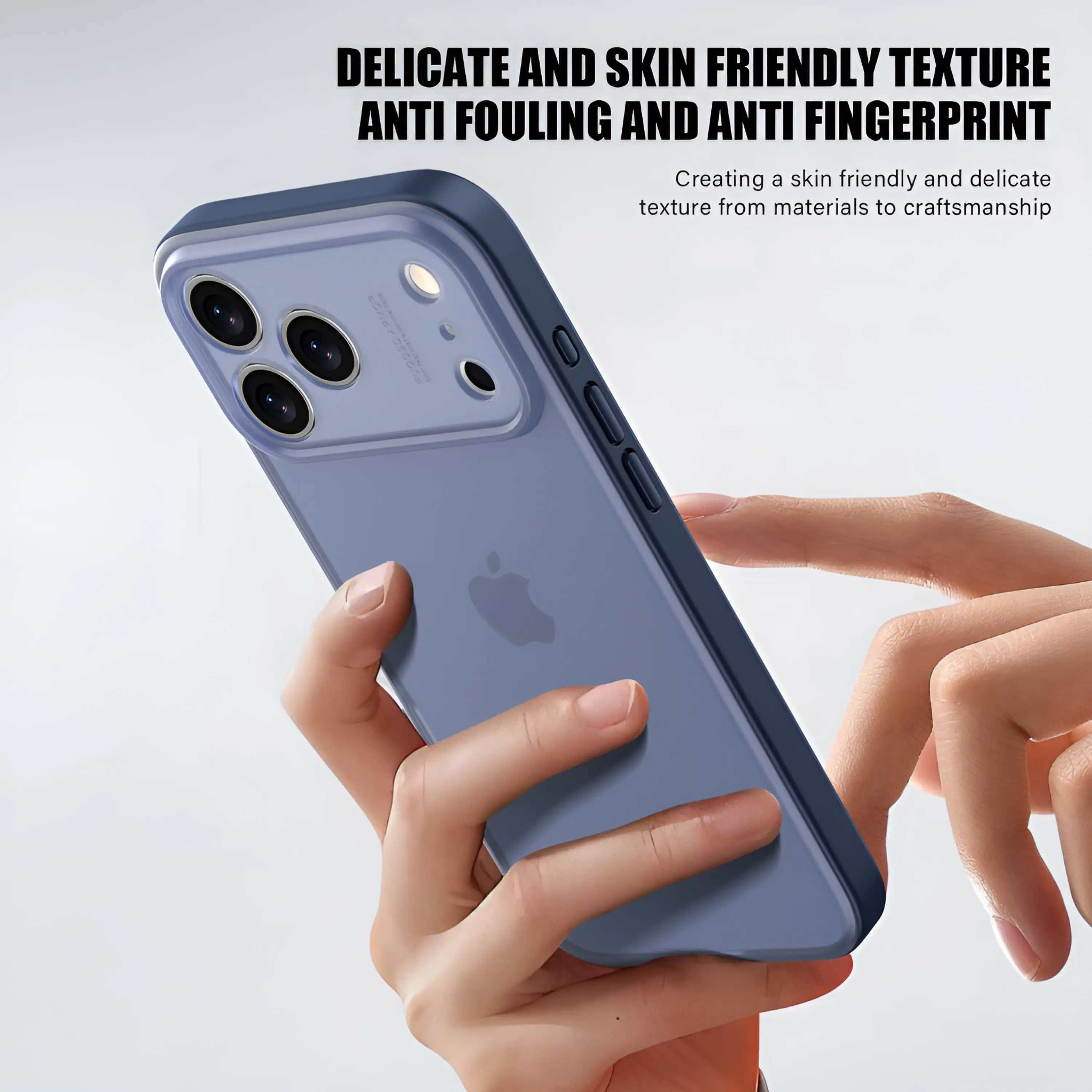 Purple Novoa Guard silky soft-touch iPhone 17 silicone case with raised bezels and precise cutouts, shown in hand