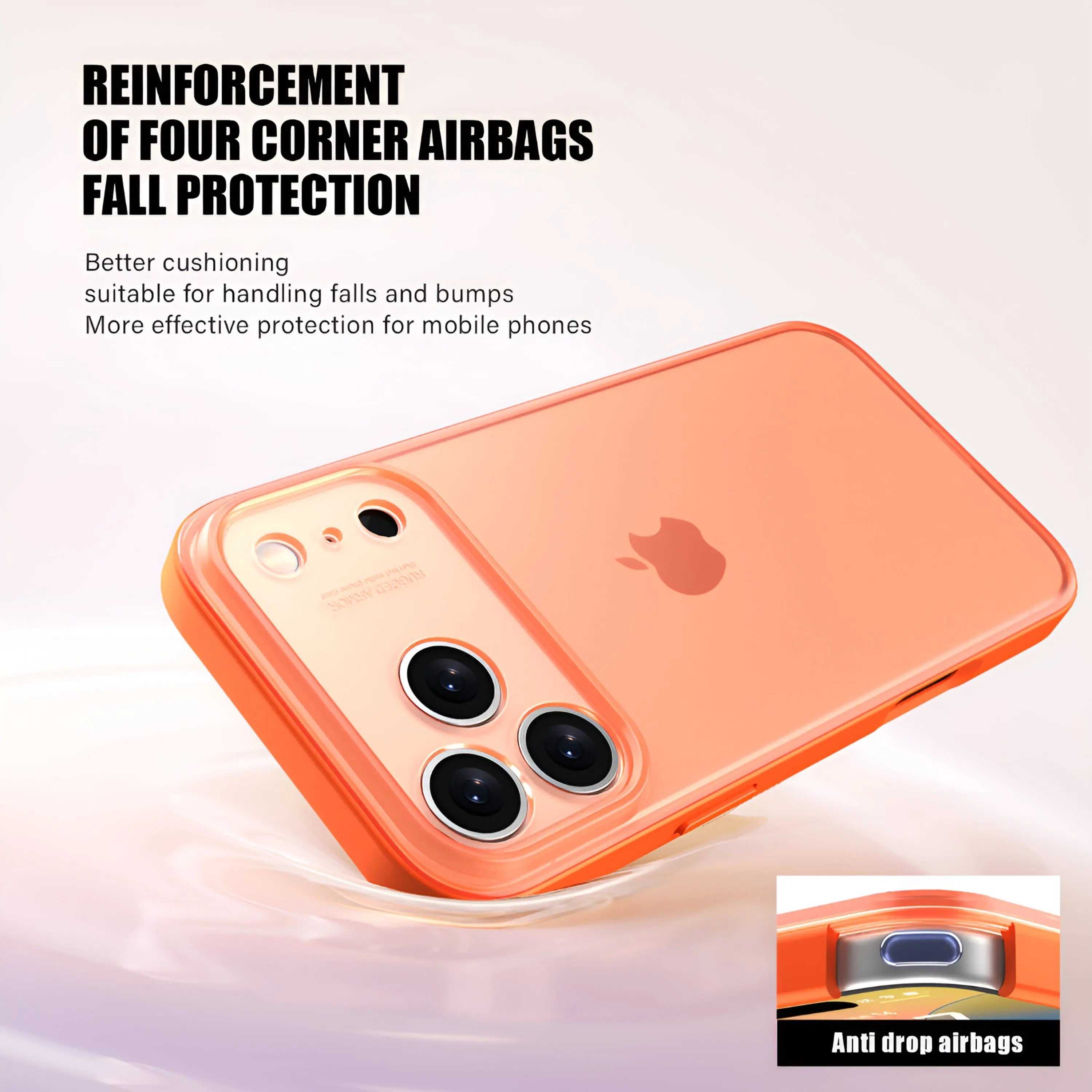 Orange iPhone 17 silicone case with reinforced corner airbags for fall protection and camera cutout