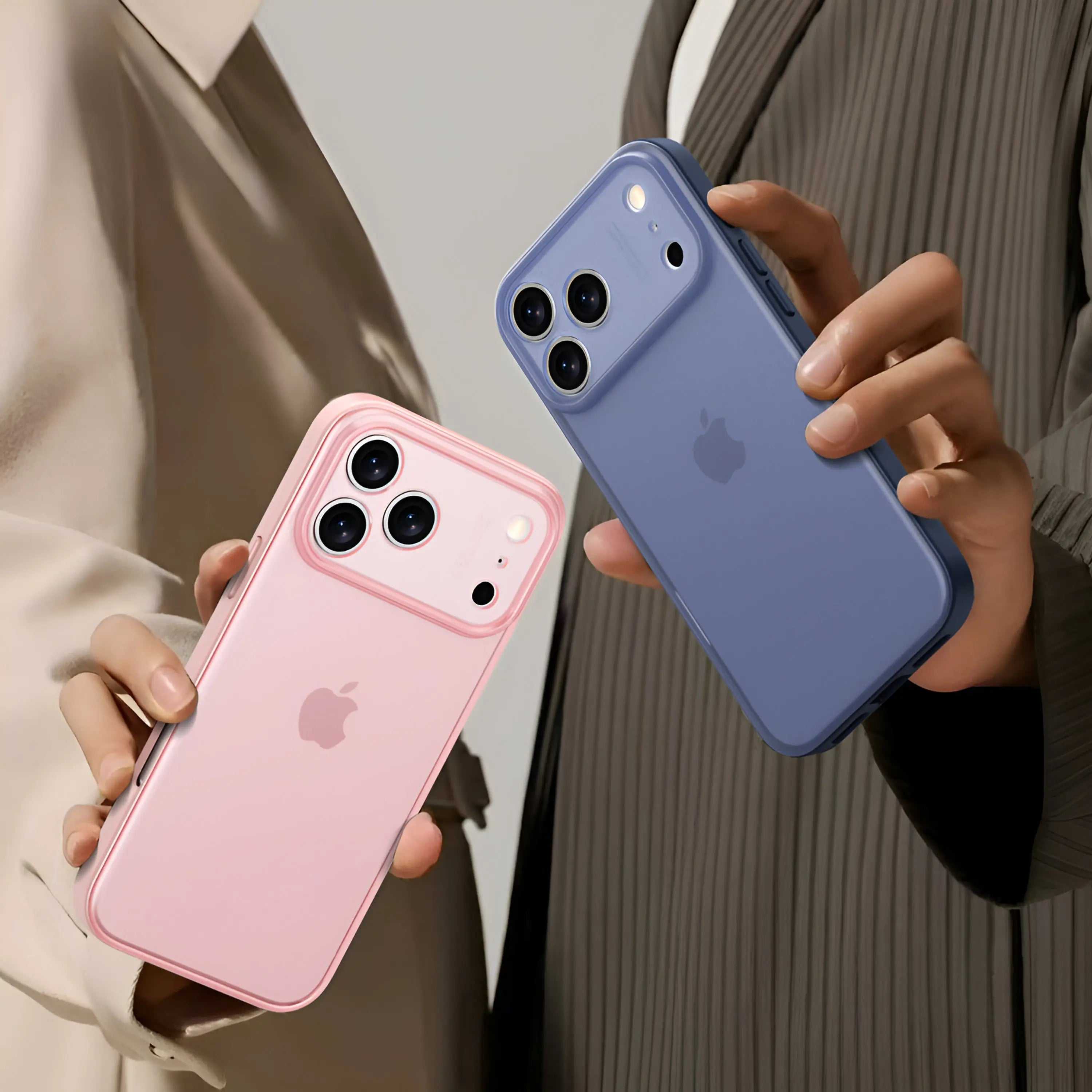 iPhone 17 silicone case in pink and blue with slim, protective design and raised bezels for camera and screen protection