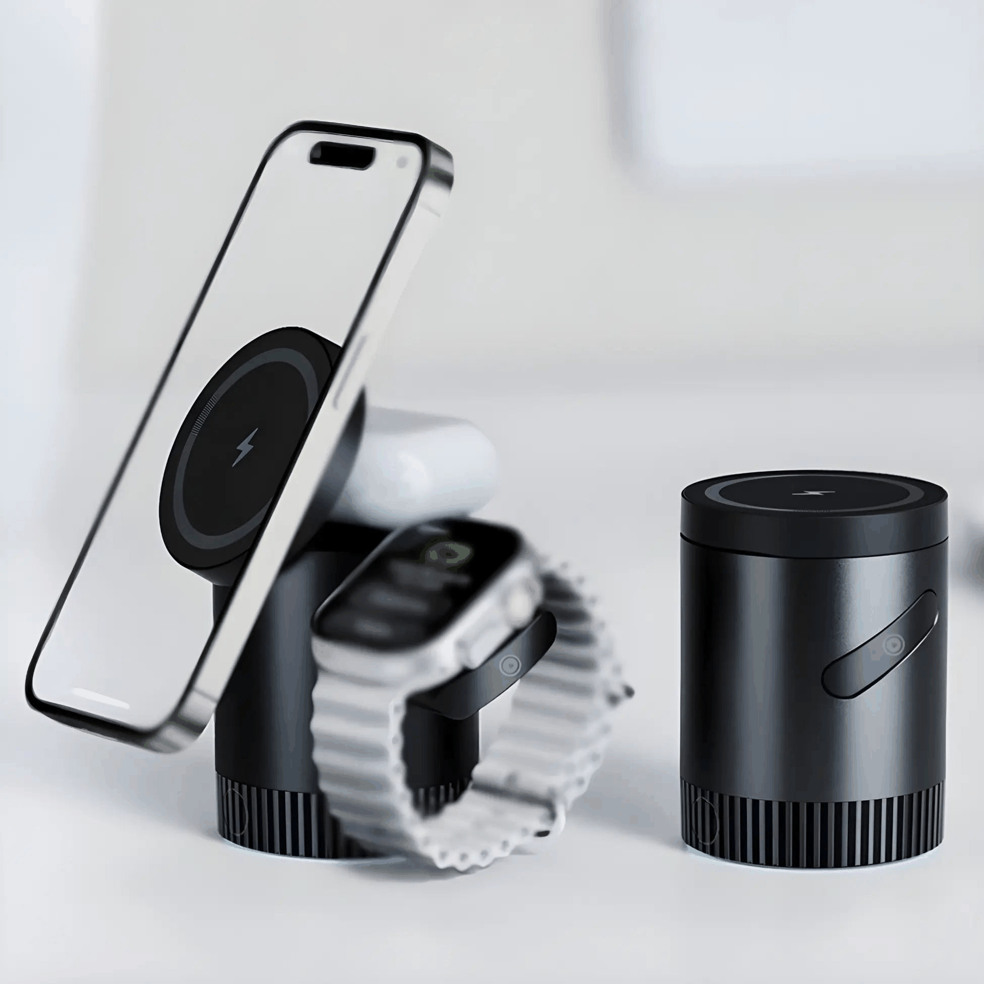 Compact 3-in-1 Magnetic Charging Dock with iPhone, Apple Watch, and AirPods charging on sleek black stand