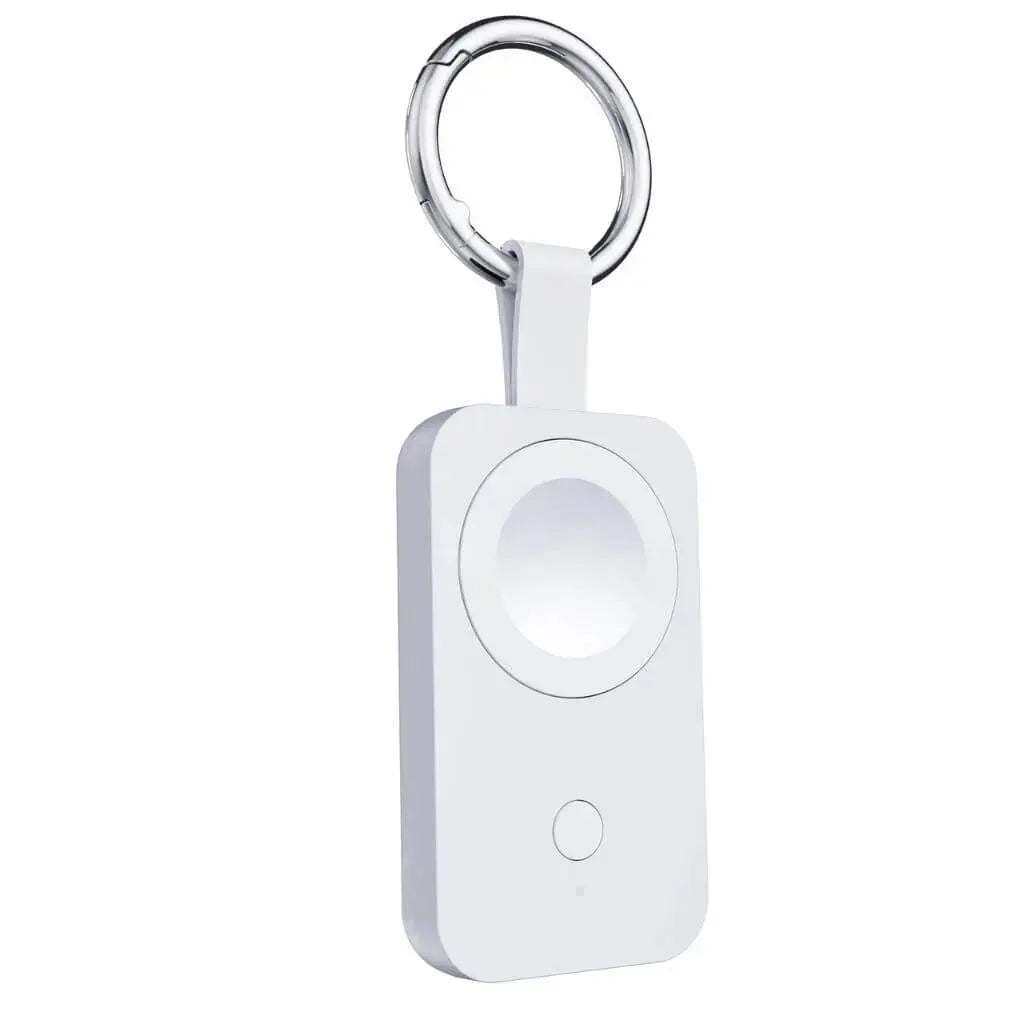 Compact white Apple Watch keychain power bank with wireless magnetic charger and 1000mAh capacity