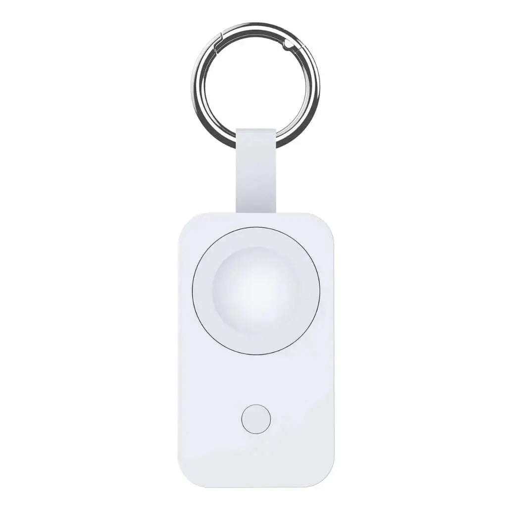 Compact white Apple Watch keychain power bank with 1000mAh battery and wireless magnetic charging.
