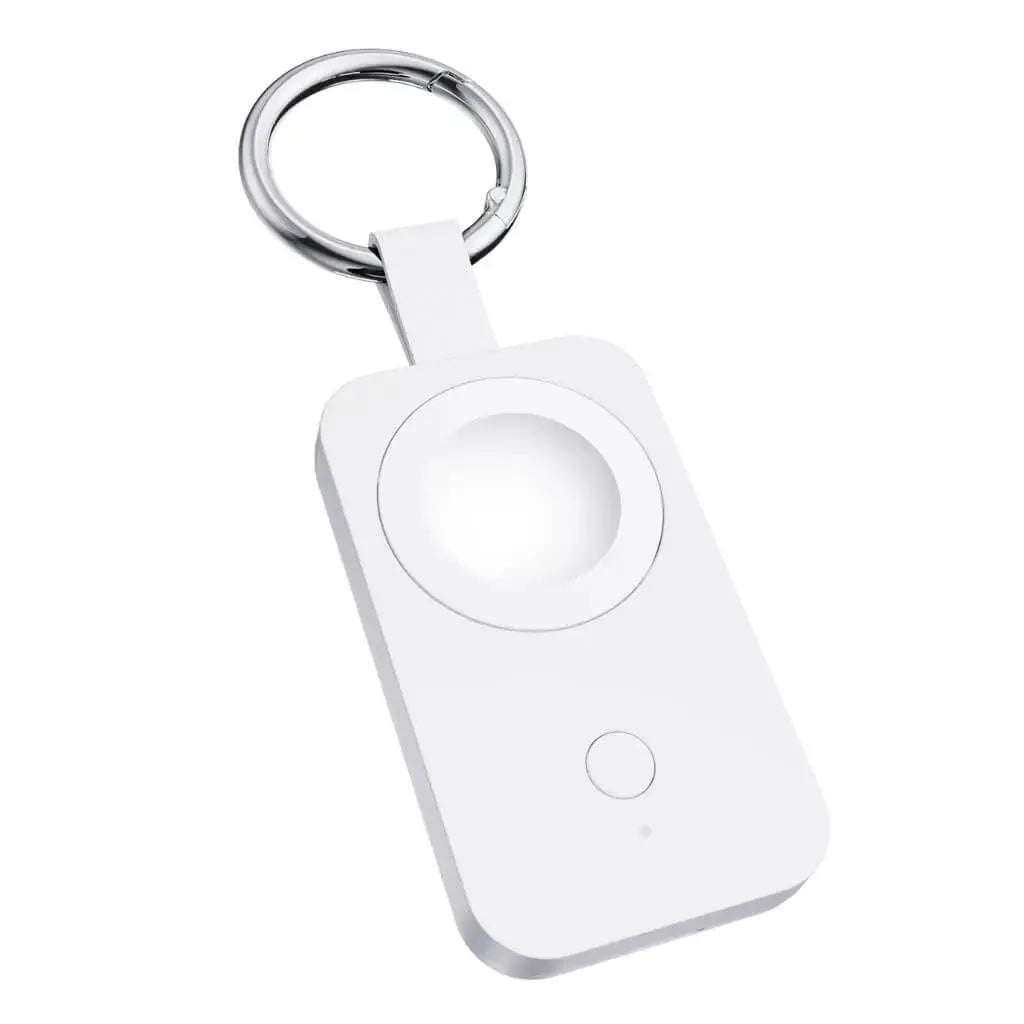 Compact Apple Watch keychain power bank with 1000mAh battery and wireless magnetic charging pad in white color