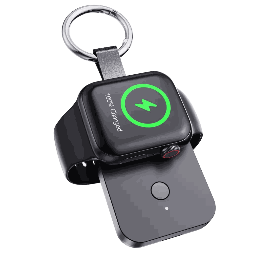 Compact Apple Watch keychain power bank with 1000mAh capacity and wireless magnetic charging.