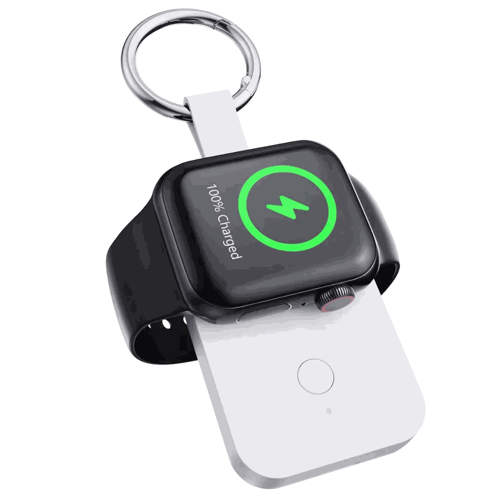 Compact Apple Watch keychain power bank with 1000mAh wireless magnetic charger in black and white design