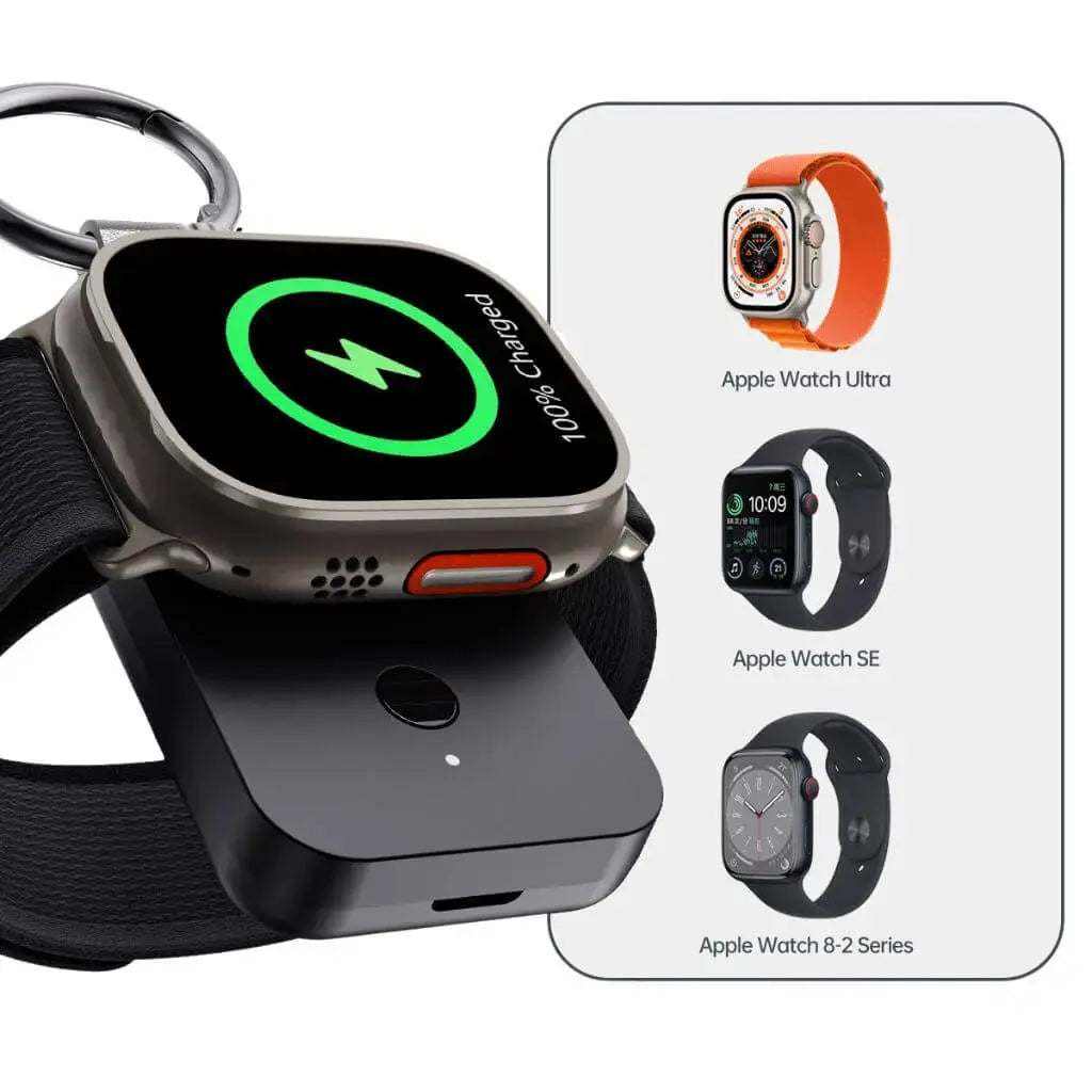Compact Apple Watch keychain power bank with 1000mAh capacity and wireless magnetic charging for all Apple Watch models