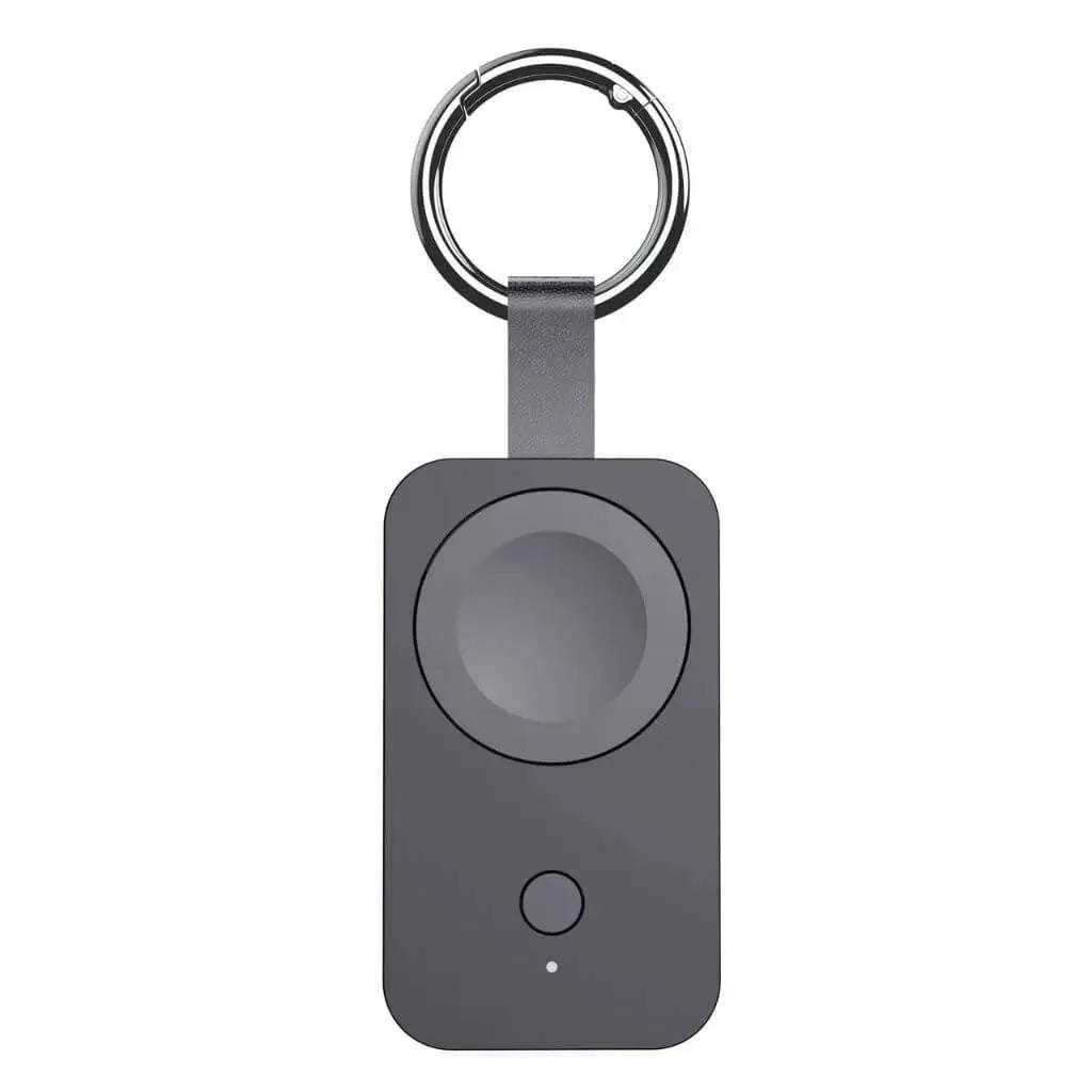Compact black Apple Watch keychain power bank with wireless magnetic charging pad and 1000mAh capacity