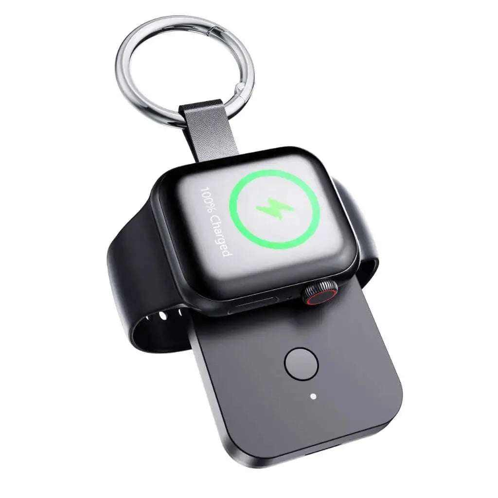 Compact Apple Watch keychain power bank with 1000mAh capacity and wireless magnetic charging.