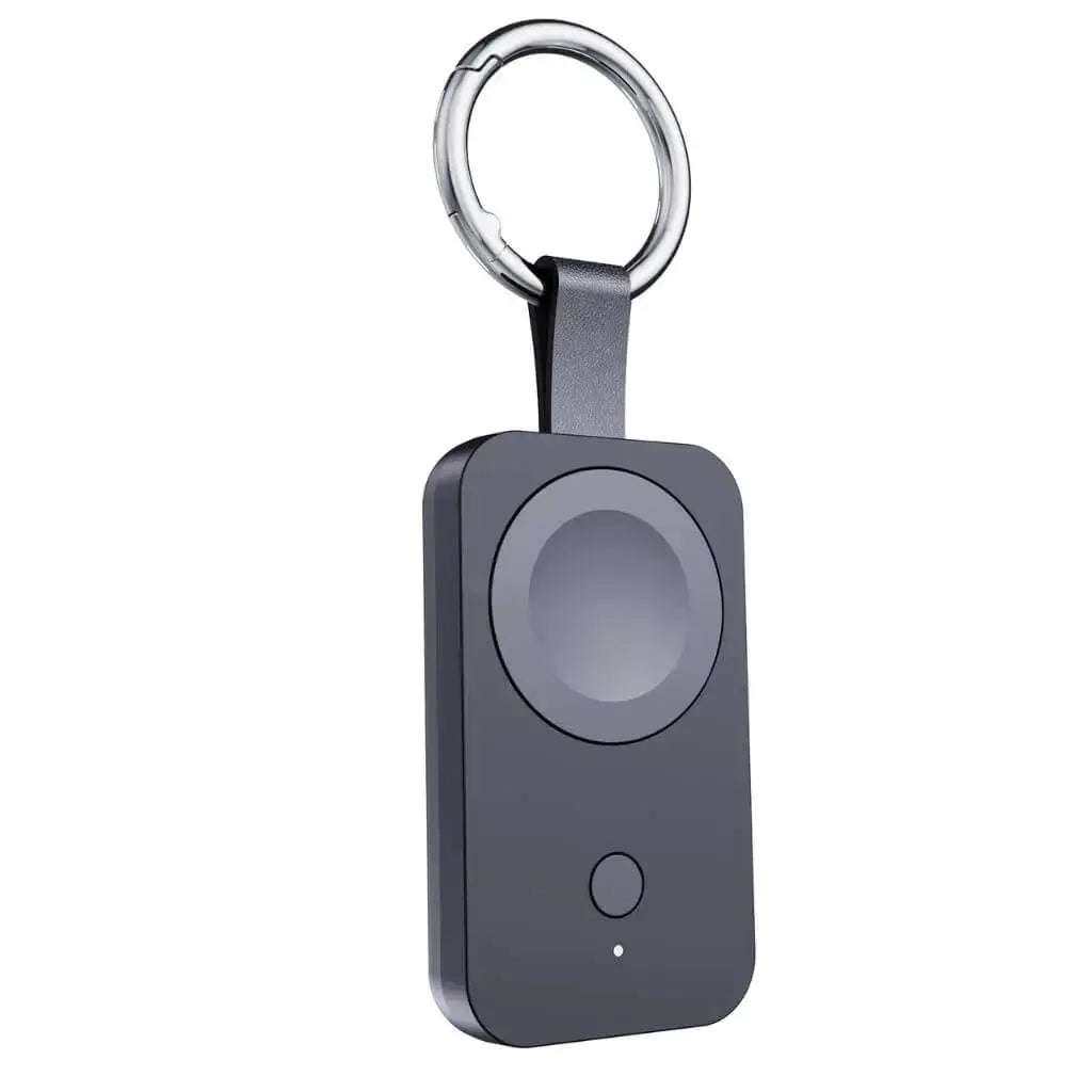 Compact black Apple Watch keychain power bank with wireless magnetic charger and 1000mAh capacity