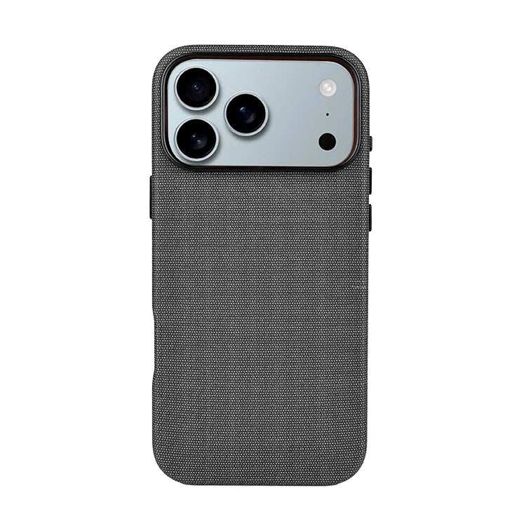 Linen-textured iPhone 17 case with shock-absorbent frame
