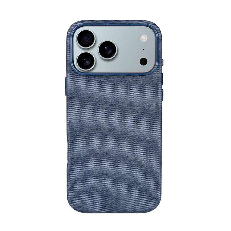 Slim blue linen-textured Novoa TechWoven iPhone 17 case with raised camera protection and MagSafe compatibility
