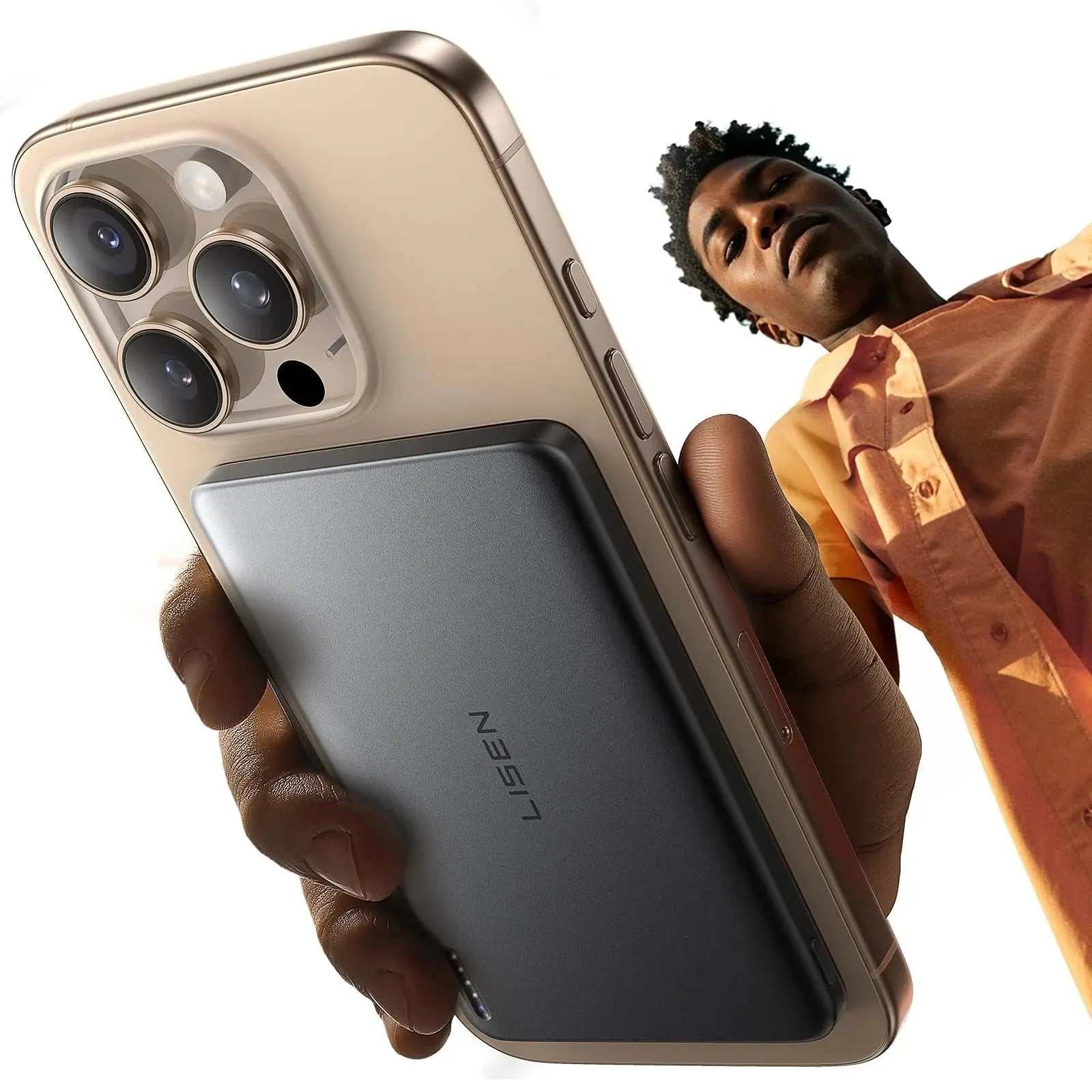 Lisen Snap Pro MagSafe battery bank attached to iPhone for wireless charging