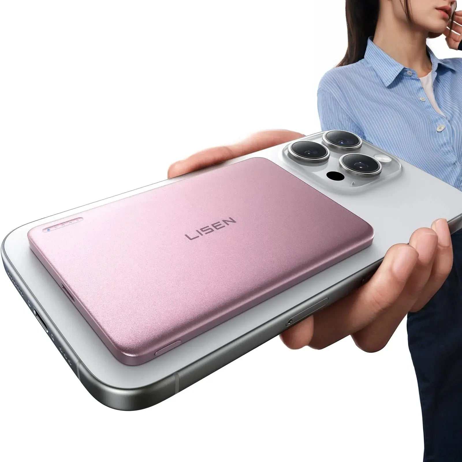 Lisen Snap Pro MagSafe battery bank attached to smartphone, slim portable charger with matte finish