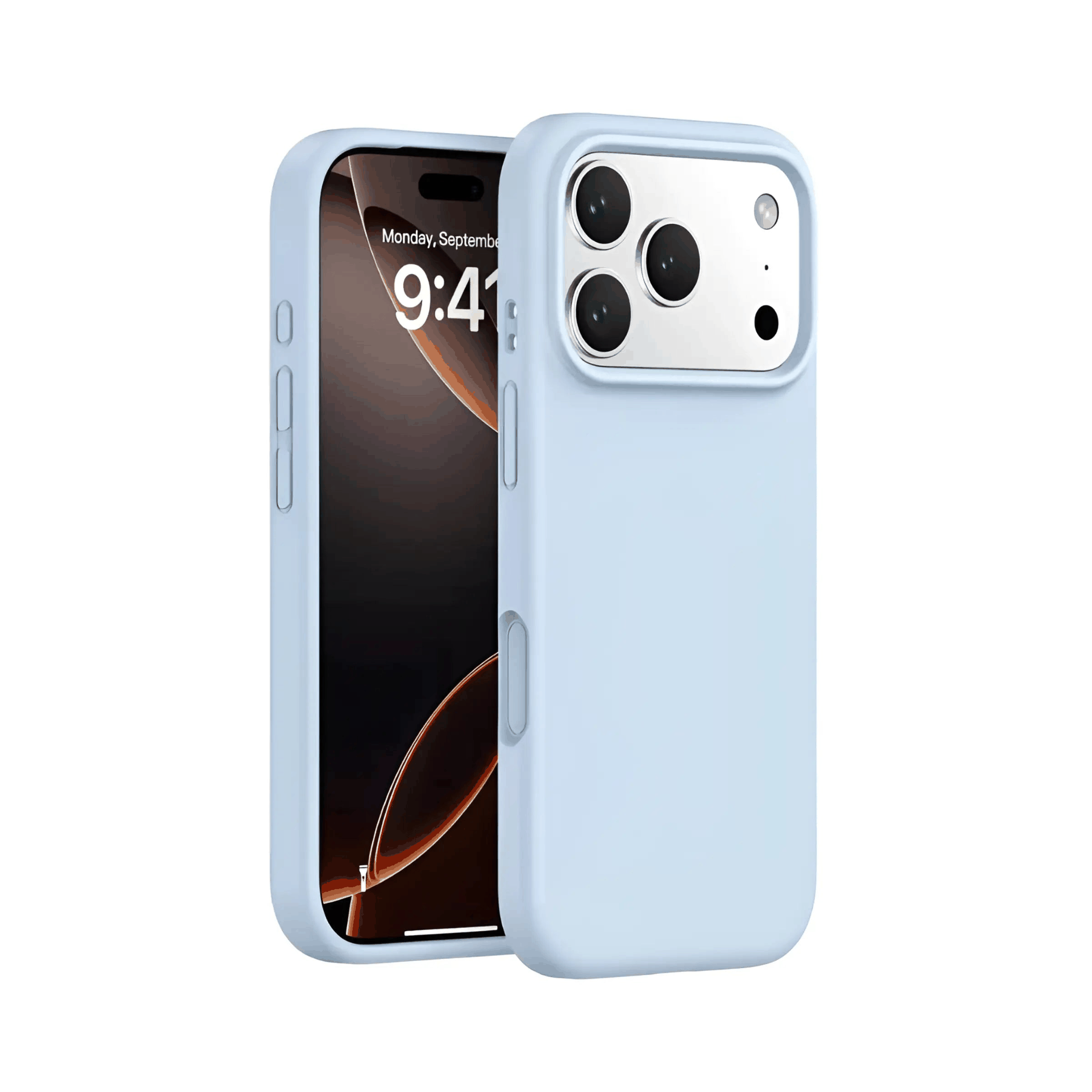 Light blue silicone MagSafe case with soft-touch finish and camera protection for iPhone.