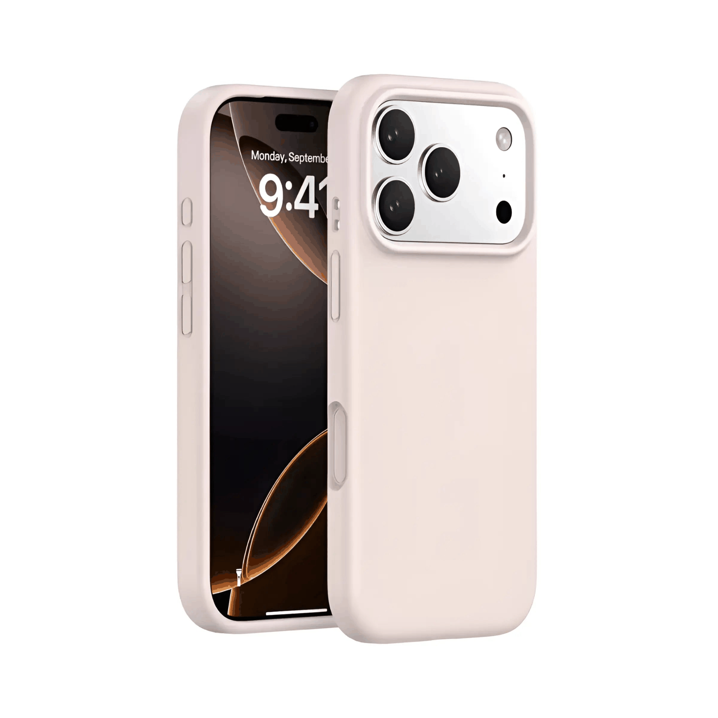 Slim beige silicone MagSafe case with precise magnetic alignment and camera protection for iPhone