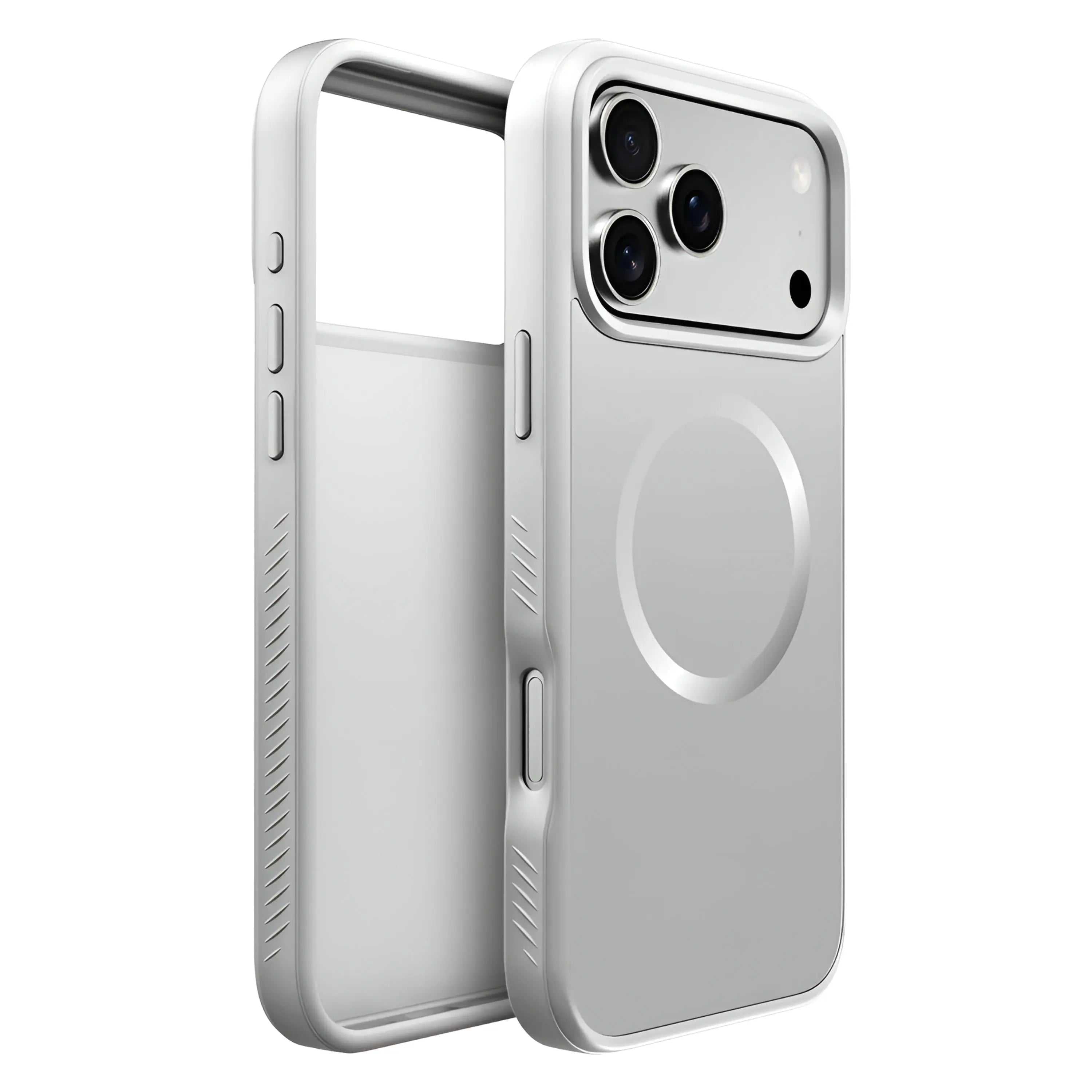 Slim silver Novoa Guard Pro grip case for iPhone 17 with shock-absorbing corners and MagSafe compatibility