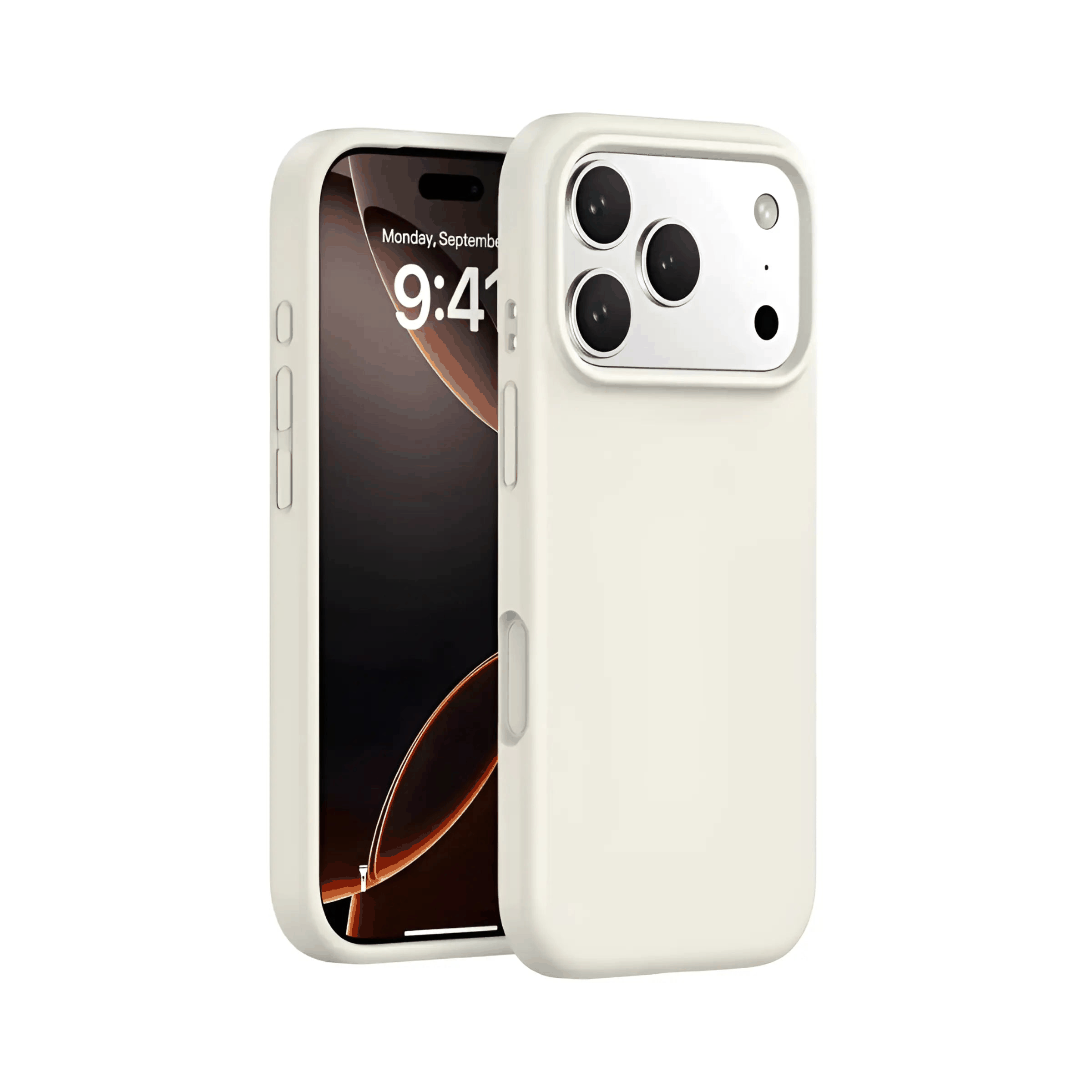 white silicone MagSafe case with raised bezels and camera guard for iPhone protection