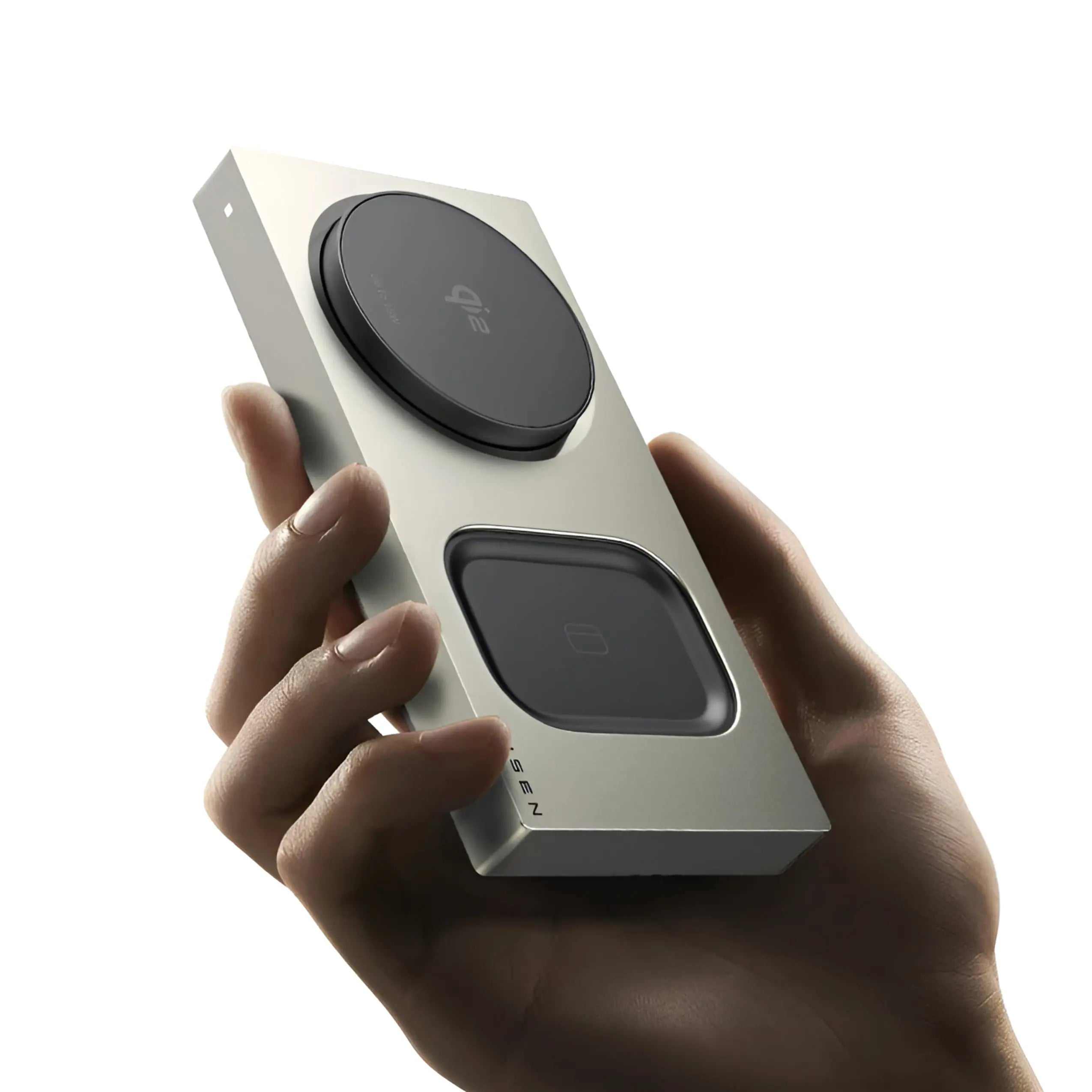 High-end MagSafe charging dock Novoa MagDock Pro Max held in hand, sleek 3-in-1 wireless charger for iPhone, Apple Watch, and AirPods.