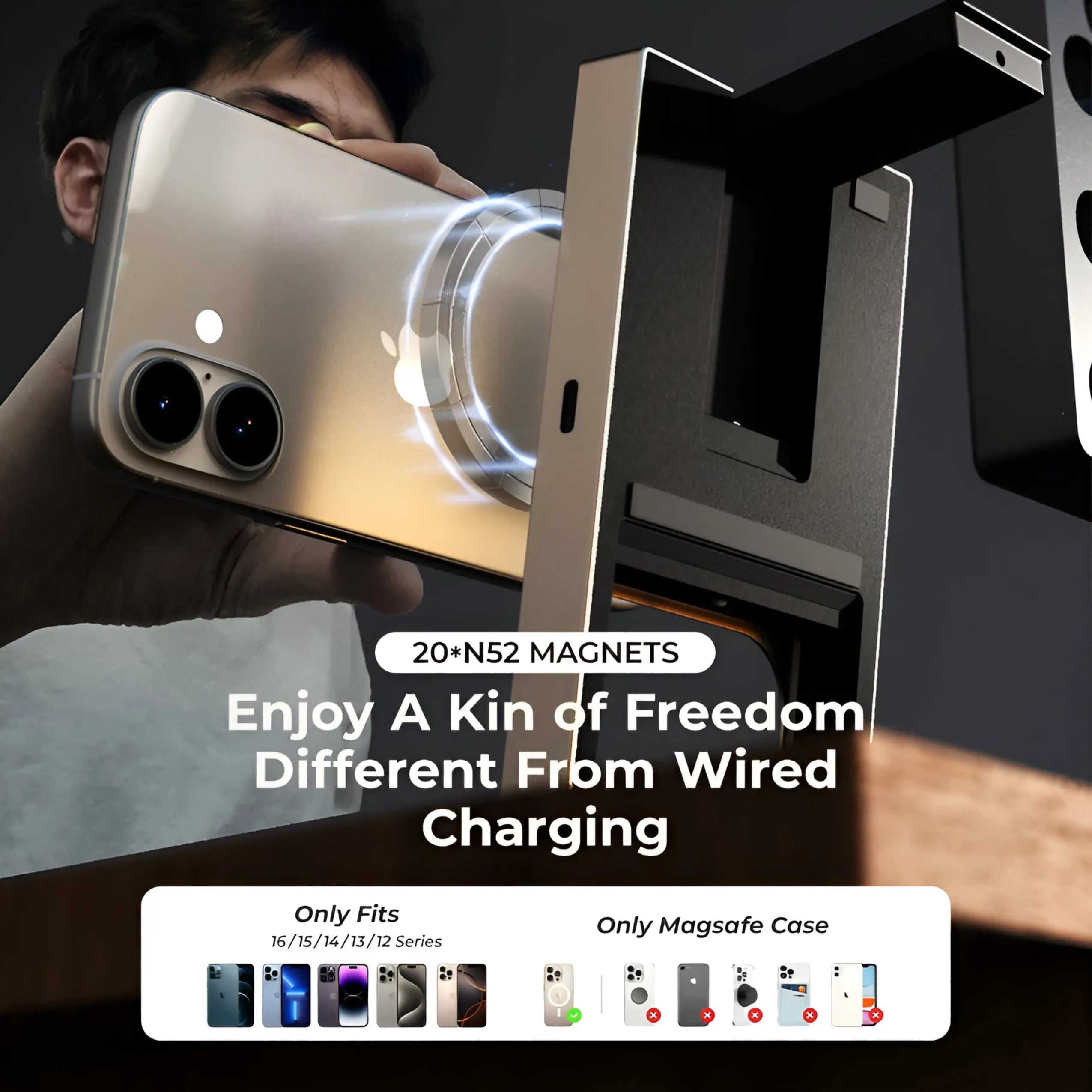 High-End MagSafe 3-in-1 charging dock with magnetic phone alignment and stable weighted base for iPhone, Apple Watch, and AirPods.