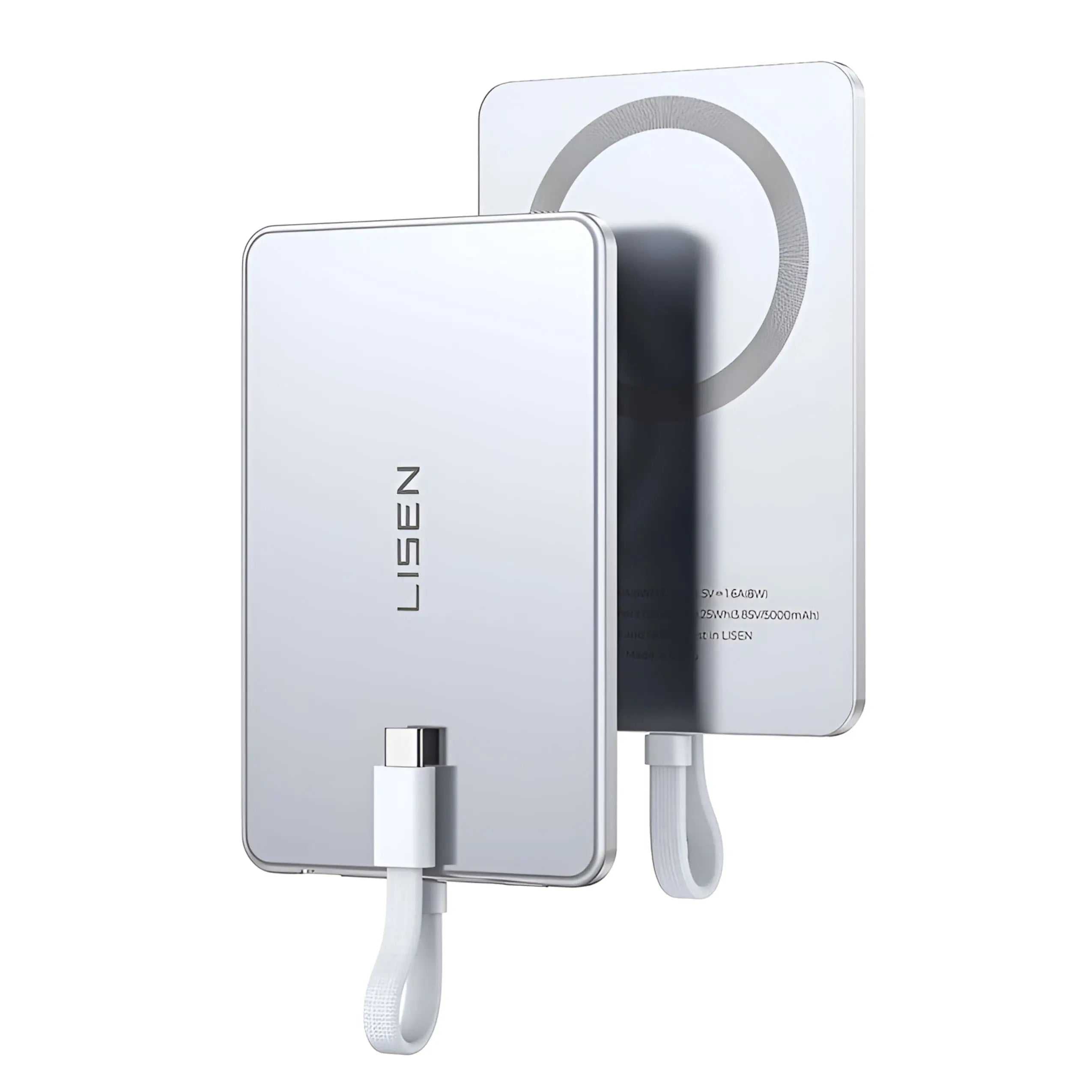 Ultra-slim MagSafe power bank with 3000mAh capacity, USB-C recharge, and magnetic wireless charging for iPhone.