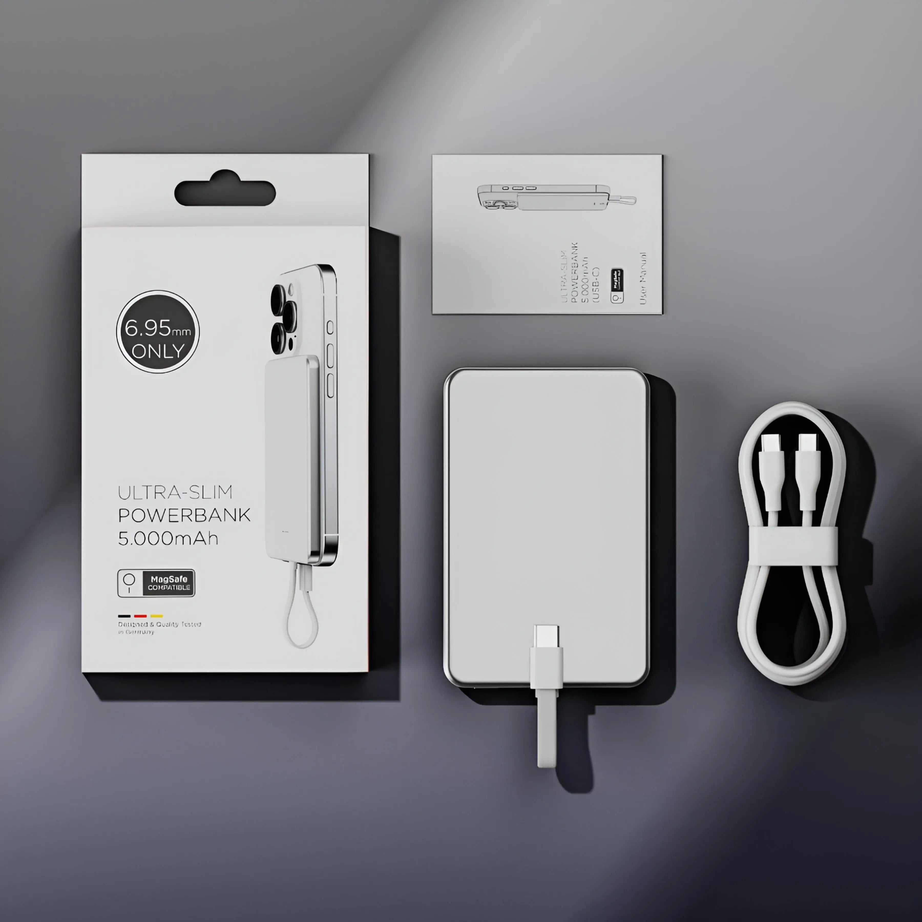 ultra-slim MagSafe power bank with 5000mAh capacity, USB-C, and compact design for iPhone charging