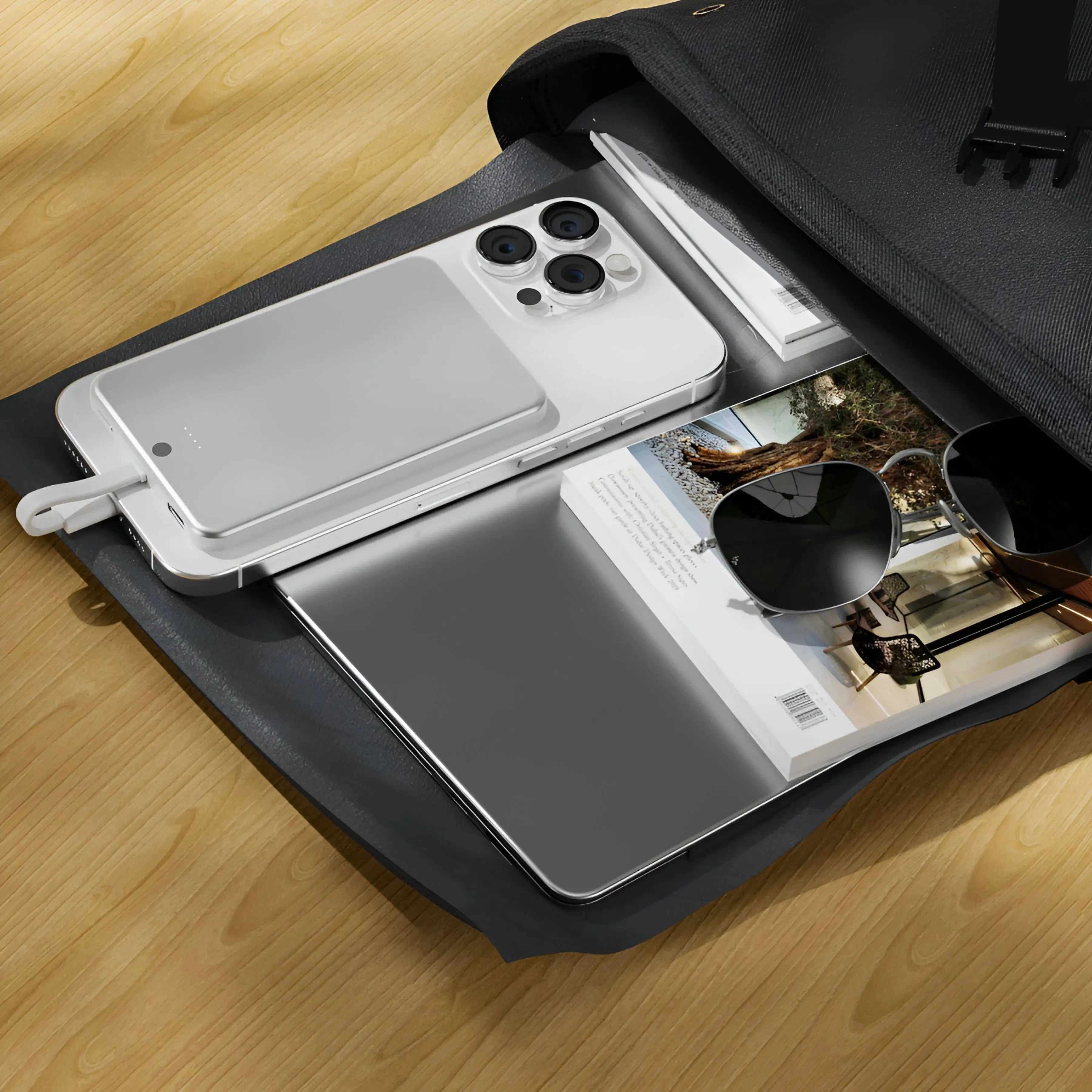 Ultra-slim MagSafe power bank attached to iPhone in backpack with sunglasses and notebook