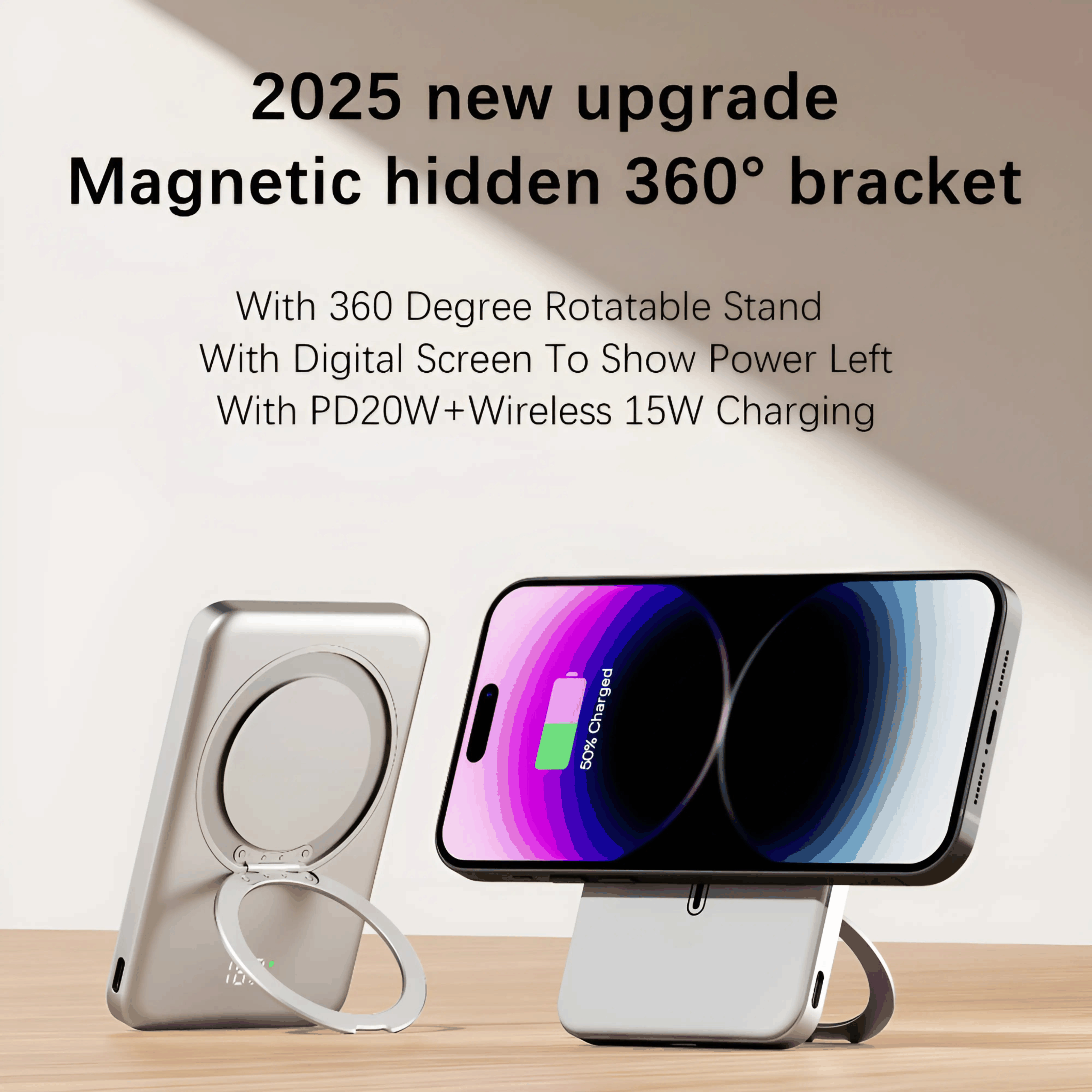 MagSafe Power Bank Novoa Snap Plus with 10,000mAh, 360° rotatable kickstand, digital power display, 15W wireless and 20W PD charging, magnetic snap alignment.
