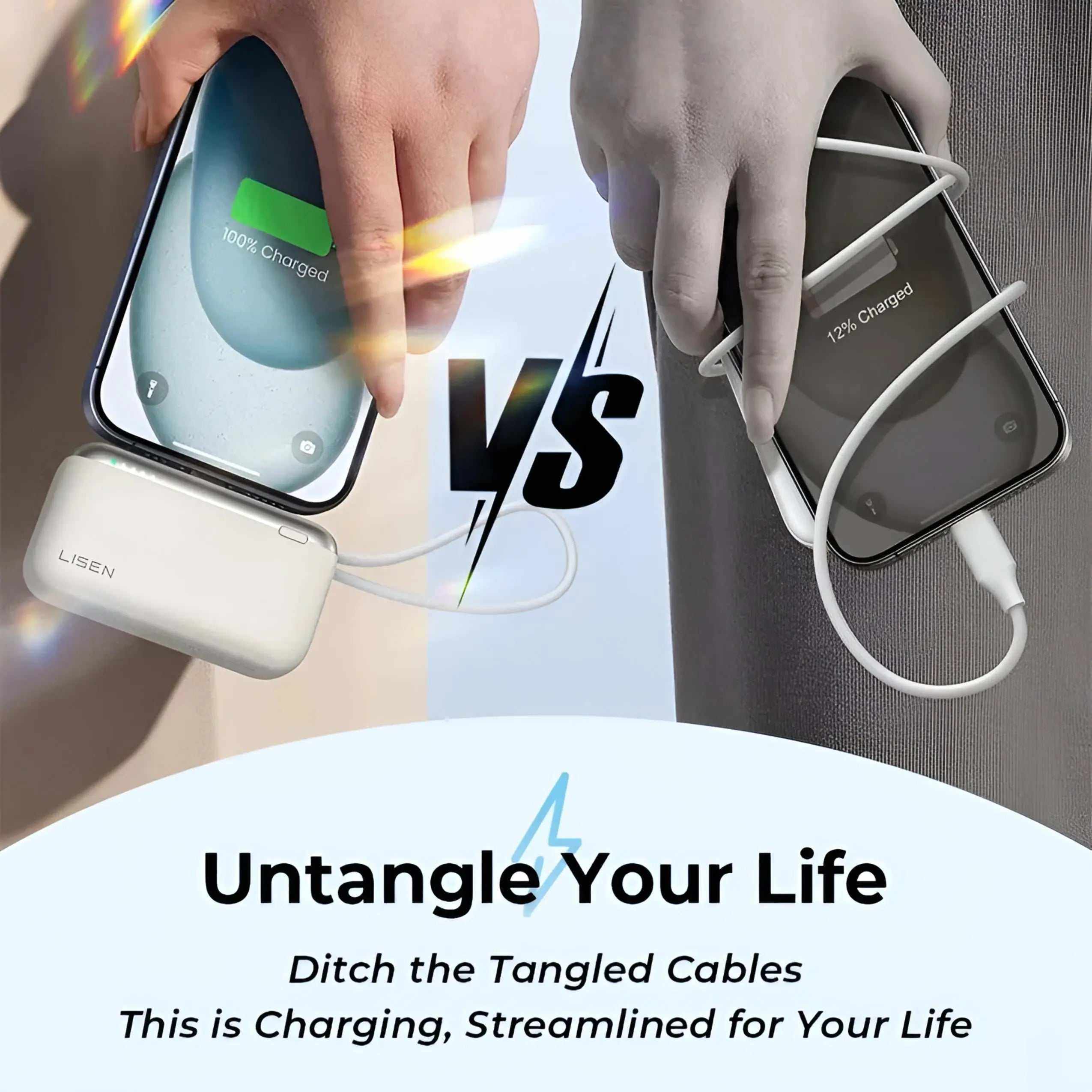 Portable power bank Lisen PowerPro Mini with built-in USB-C cable charging iPhone fast and cable-free